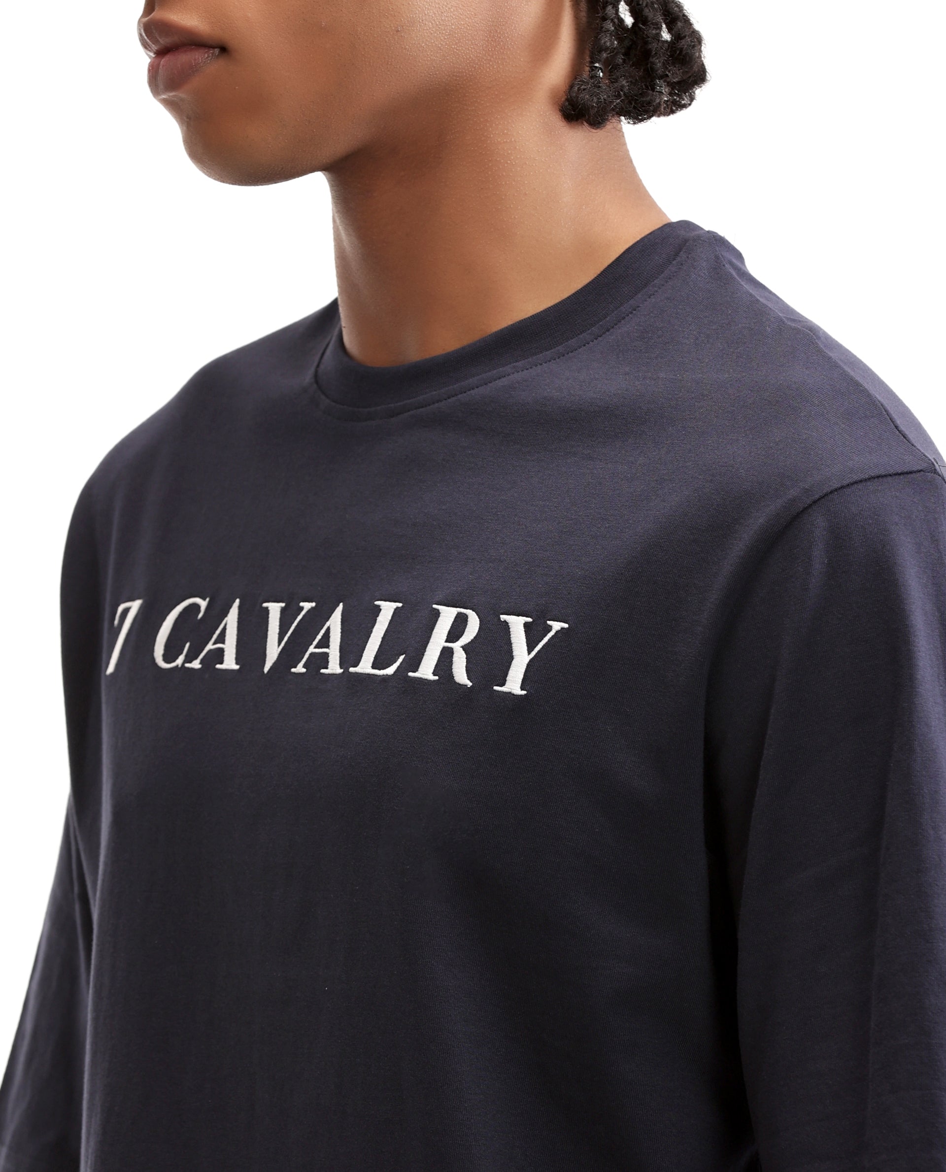 Midnight Navy Blue Single Jersey Crew Neck Oversized T-Shirt with Pure White Embroidery