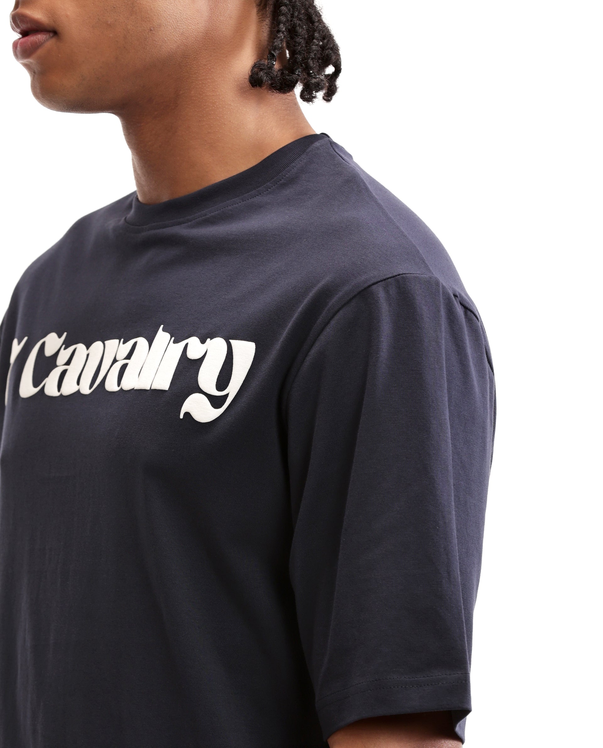 Midnight Navy Blue Single Jersey Crew Neck Oversized T-Shirt with Pure White Puff Print
