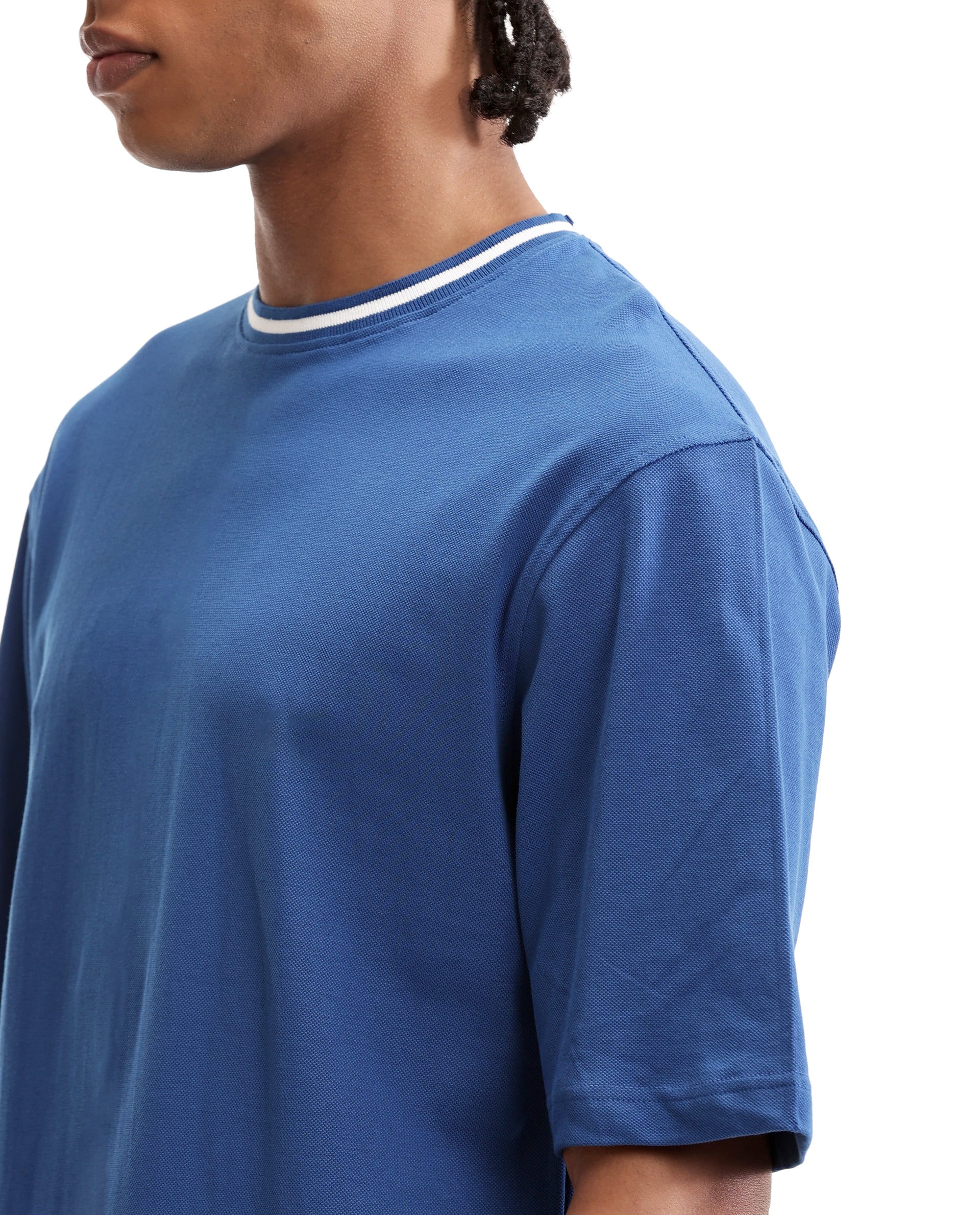 Imperial Prussian Blue Pique Crew Neck Oversized T-Shirt with Pure White Piping