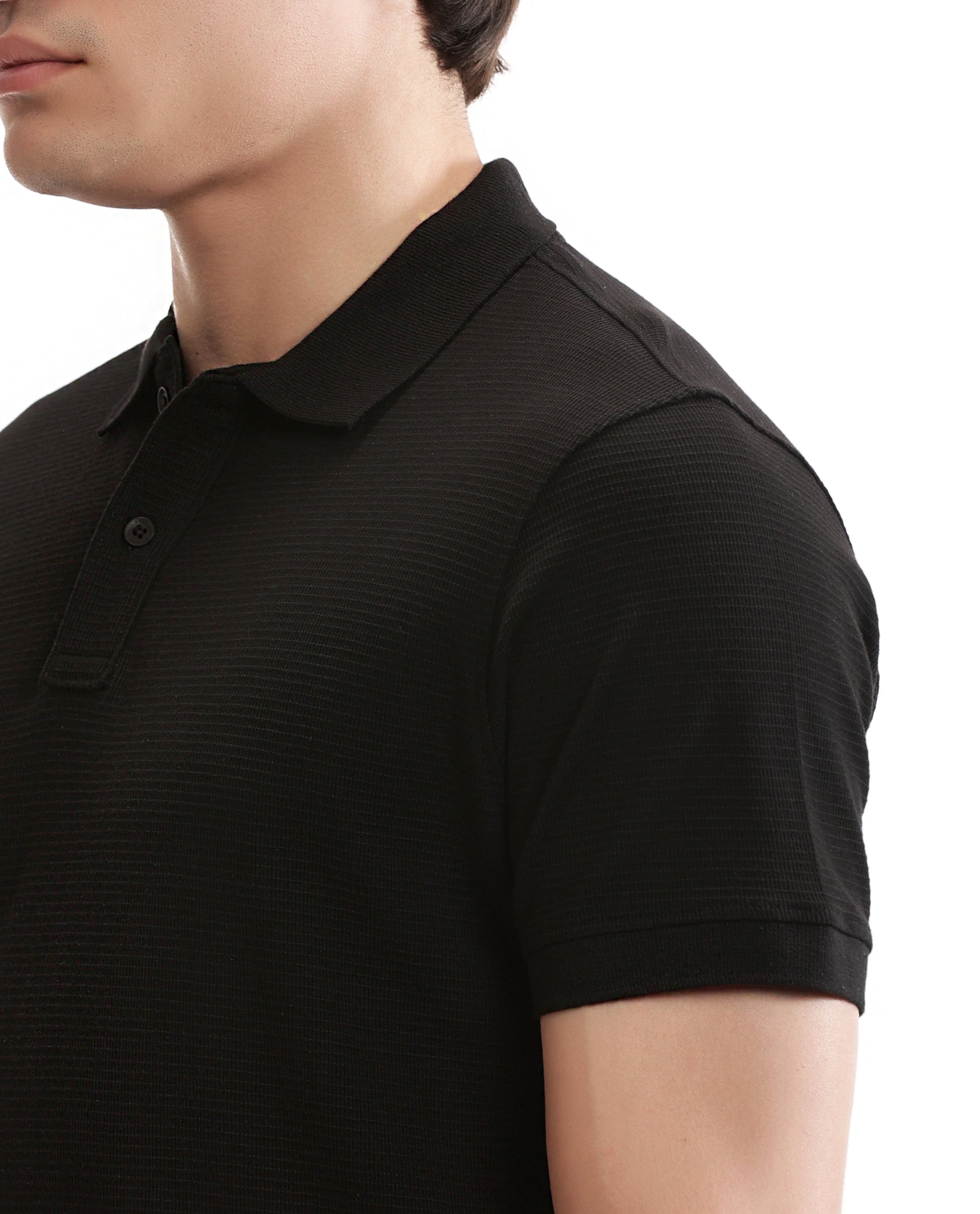 Charcoal Black Knitted Waffle Polo with Ribbed Collar