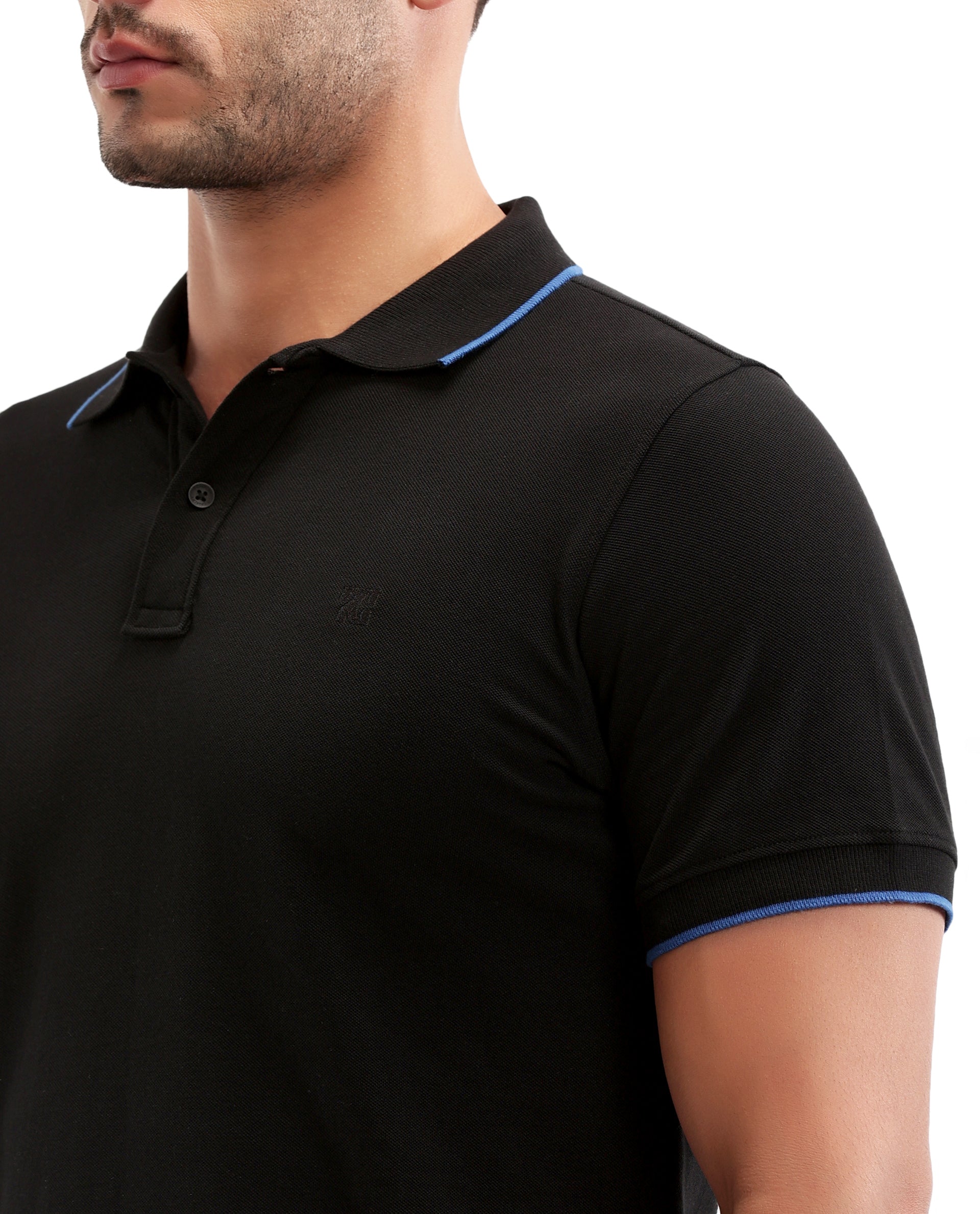 Charcoal Black Pique Polo with Imperial Prussian Blue Collar Piping, Tone-on-Tone 7C Embroidery