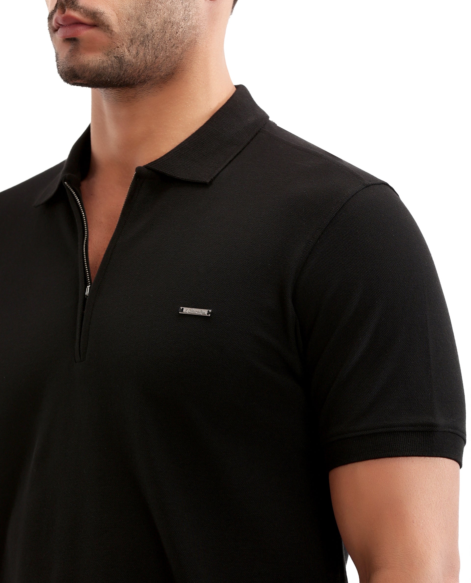 Charcoal Black Pique Polo with 7C Metal Zip, Metal Badge