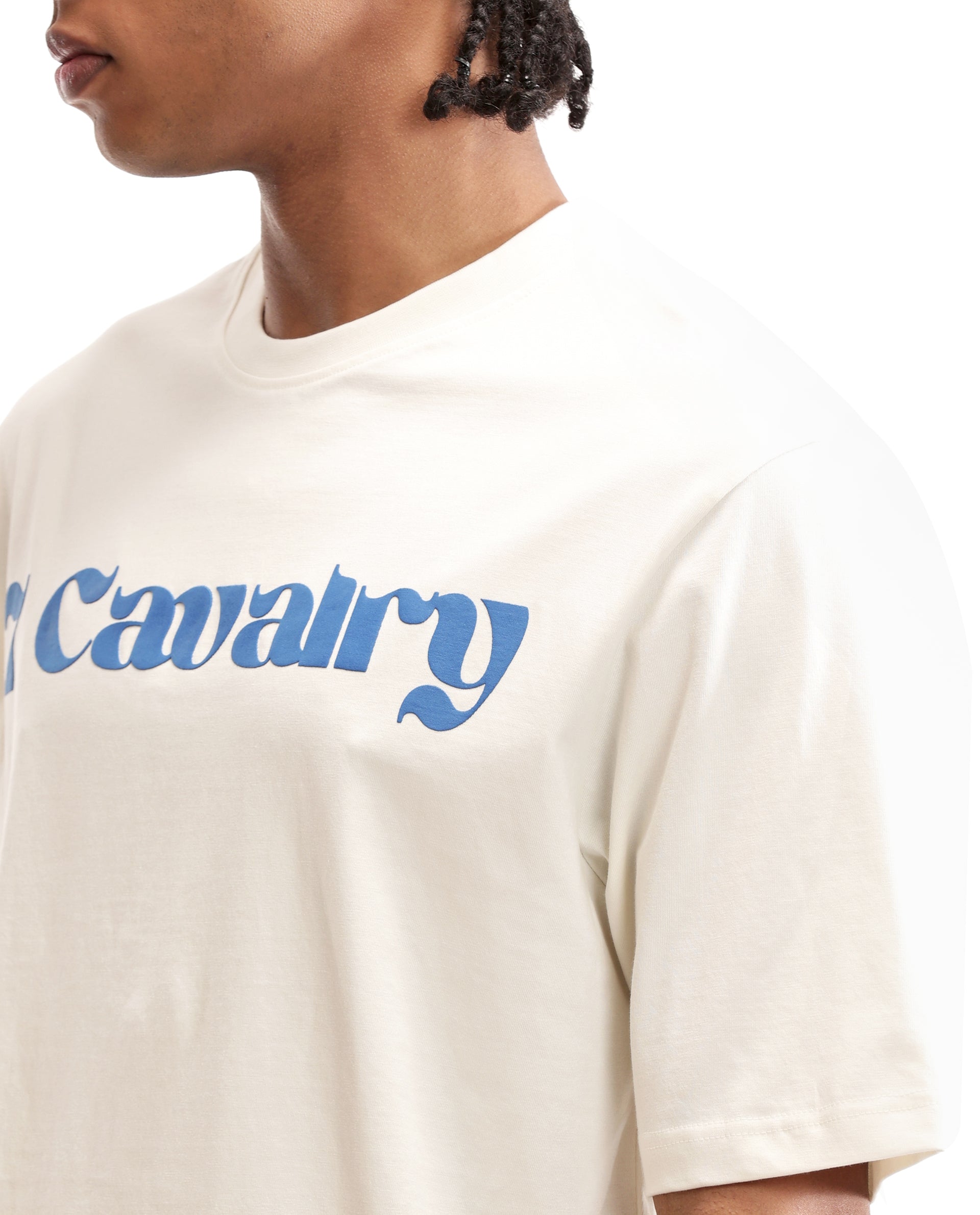 Ivory White Single Jersey Crew Neck Oversized T-Shirt with Midnight Navy Blue Puff Print
