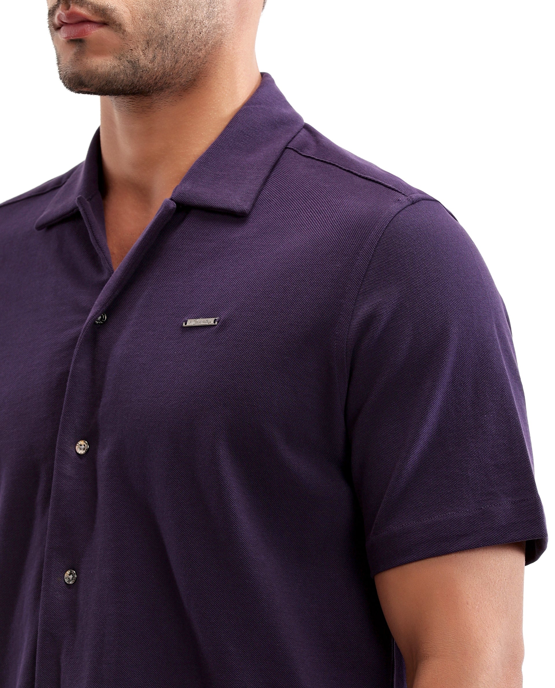 Deep Purple Pique Knit Shirt with 7C Metal Buttons, Gun Metal Badge