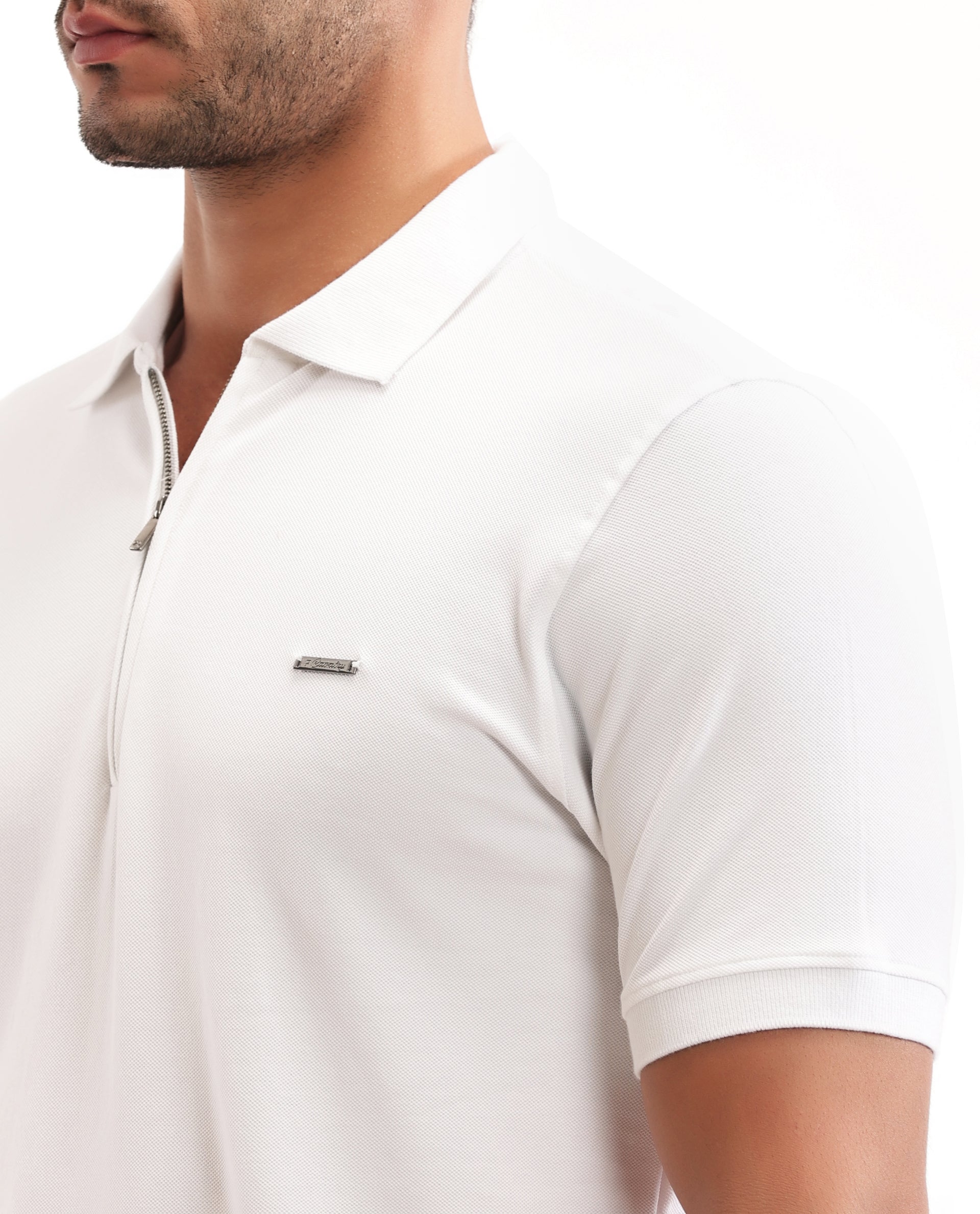 Pure White Pique Polo with 7C Metal Zip, Metal Badge