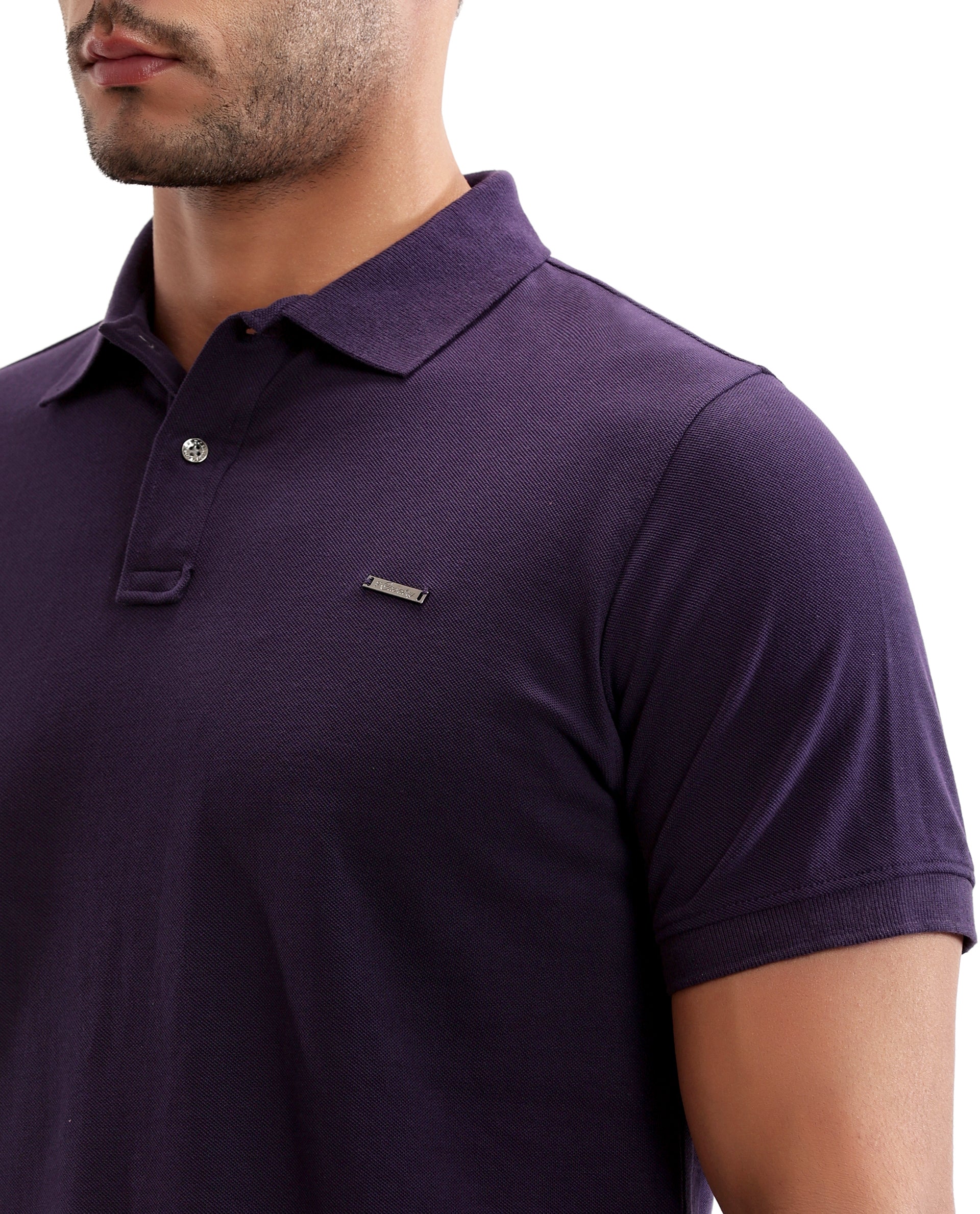 Deep Purple Pique Polo with Metal Buttons, 7C Metal Badge