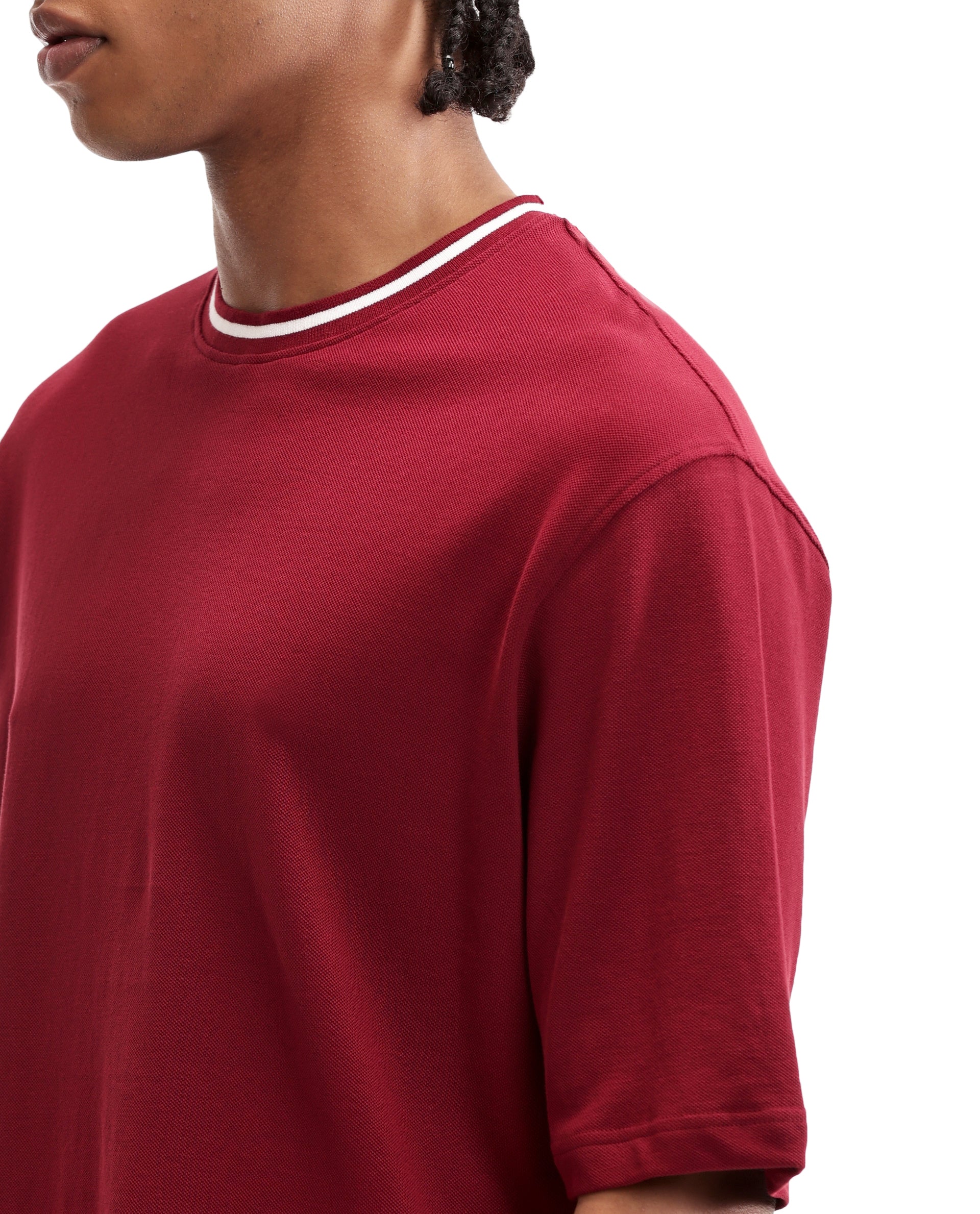 Bordeaux Maroon Pique Crew Neck Oversized T-Shirt with Pure White Piping