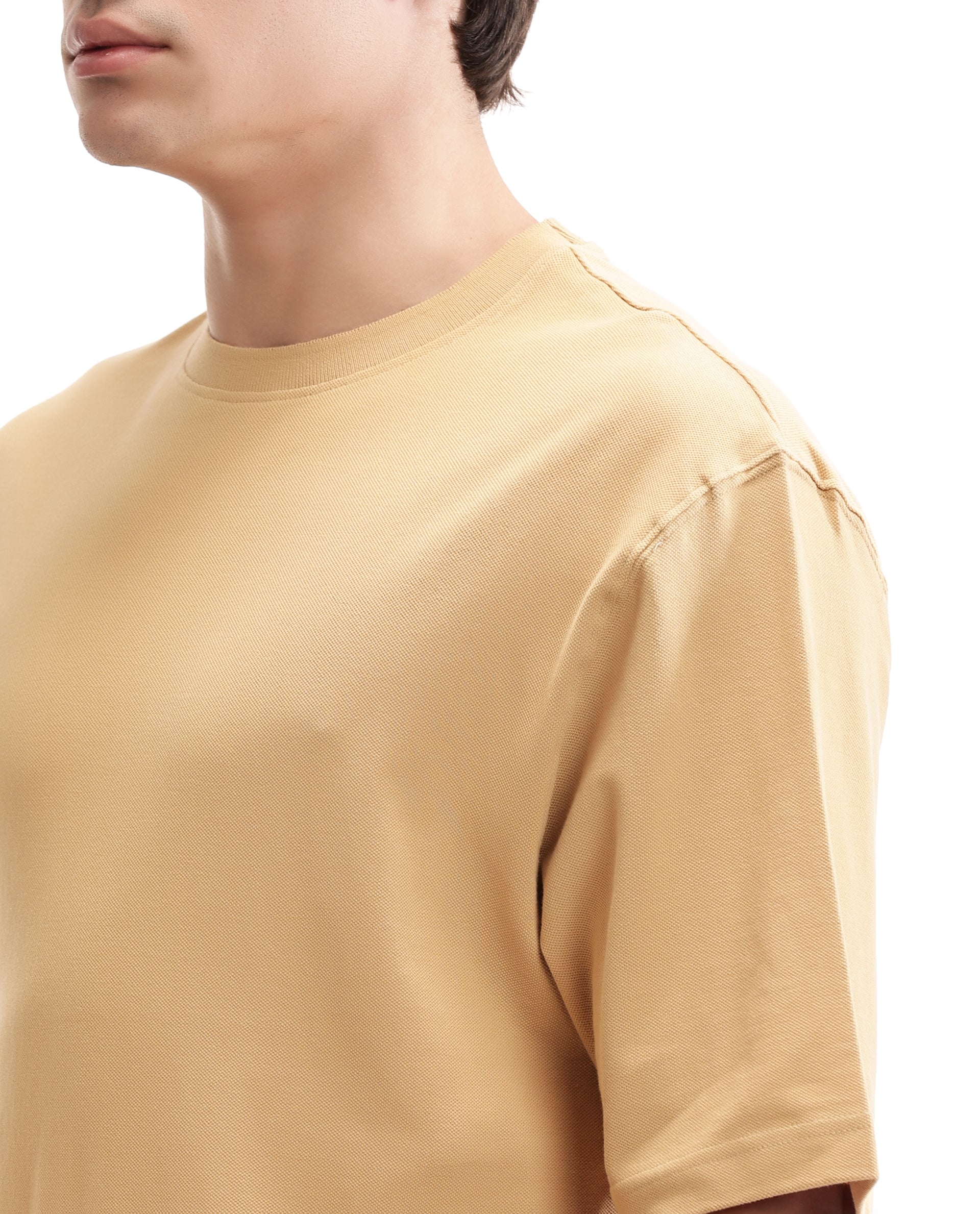 Camel Beige Pique Crew Neck Oversized T-Shirt