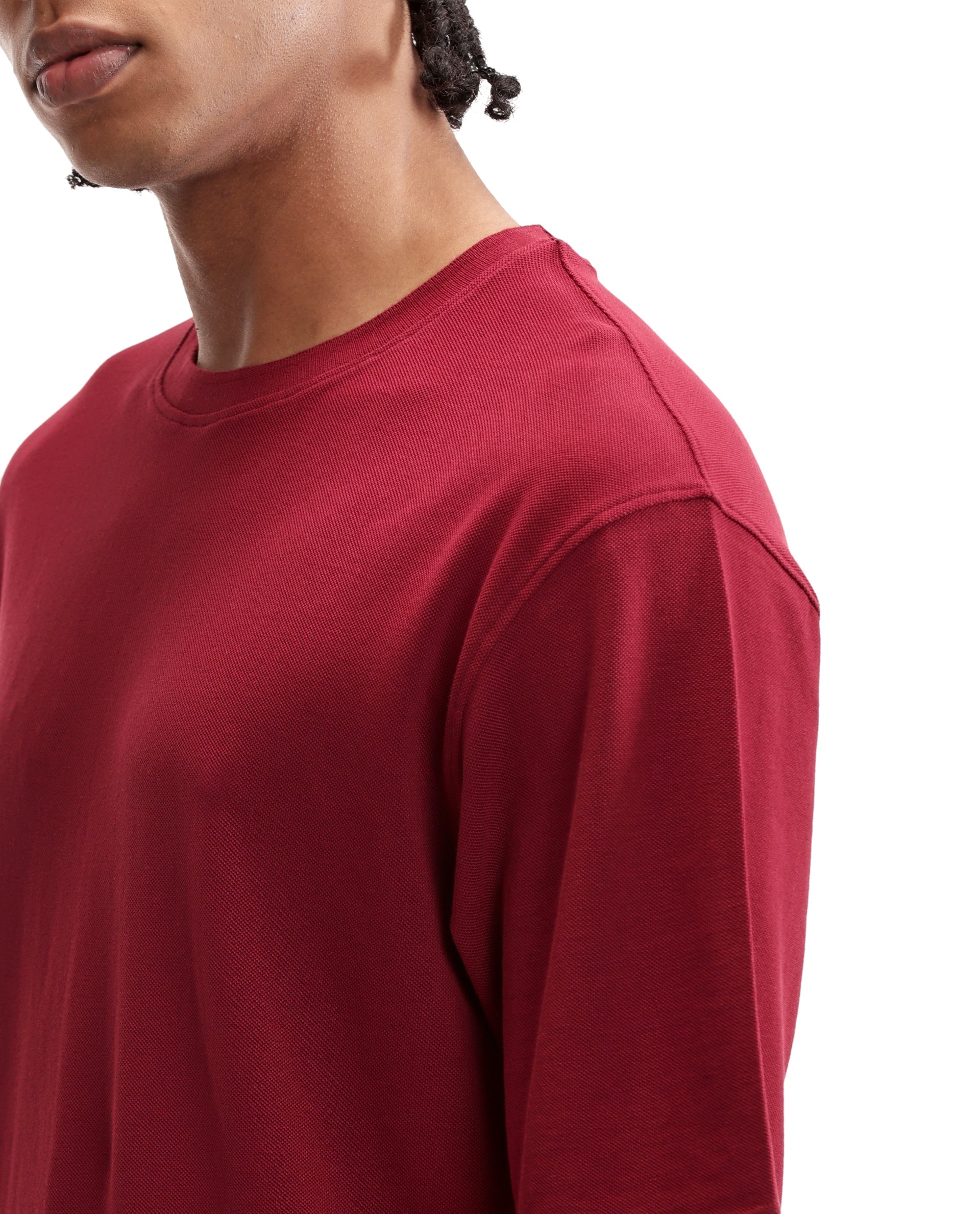 Bordeaux Maroon Pique Crew Neck Oversized T-Shirt