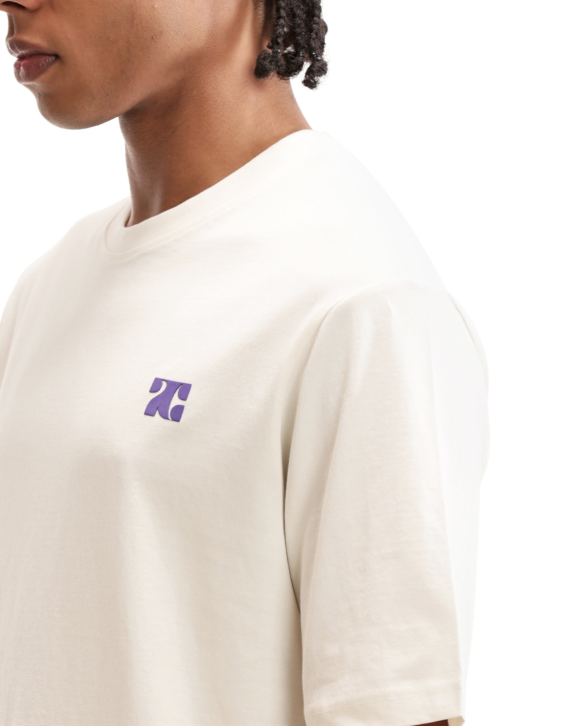 Ivory White Single Jersey Crew Neck Oversized T-Shirt with Deep Purple HD Print