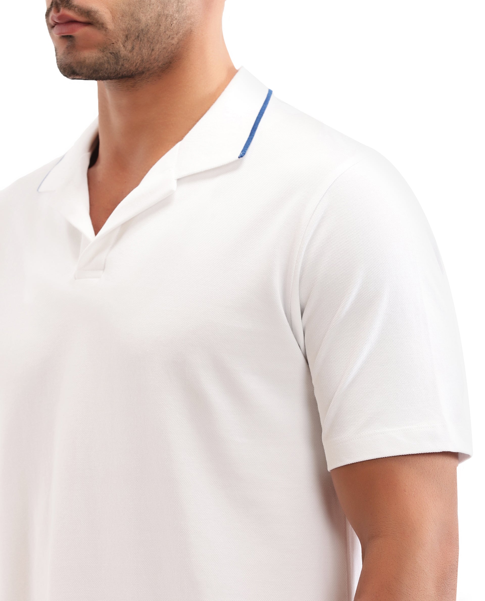 Pure White Johnny Collar Pique Polo with Prussian Blue Collar Piping