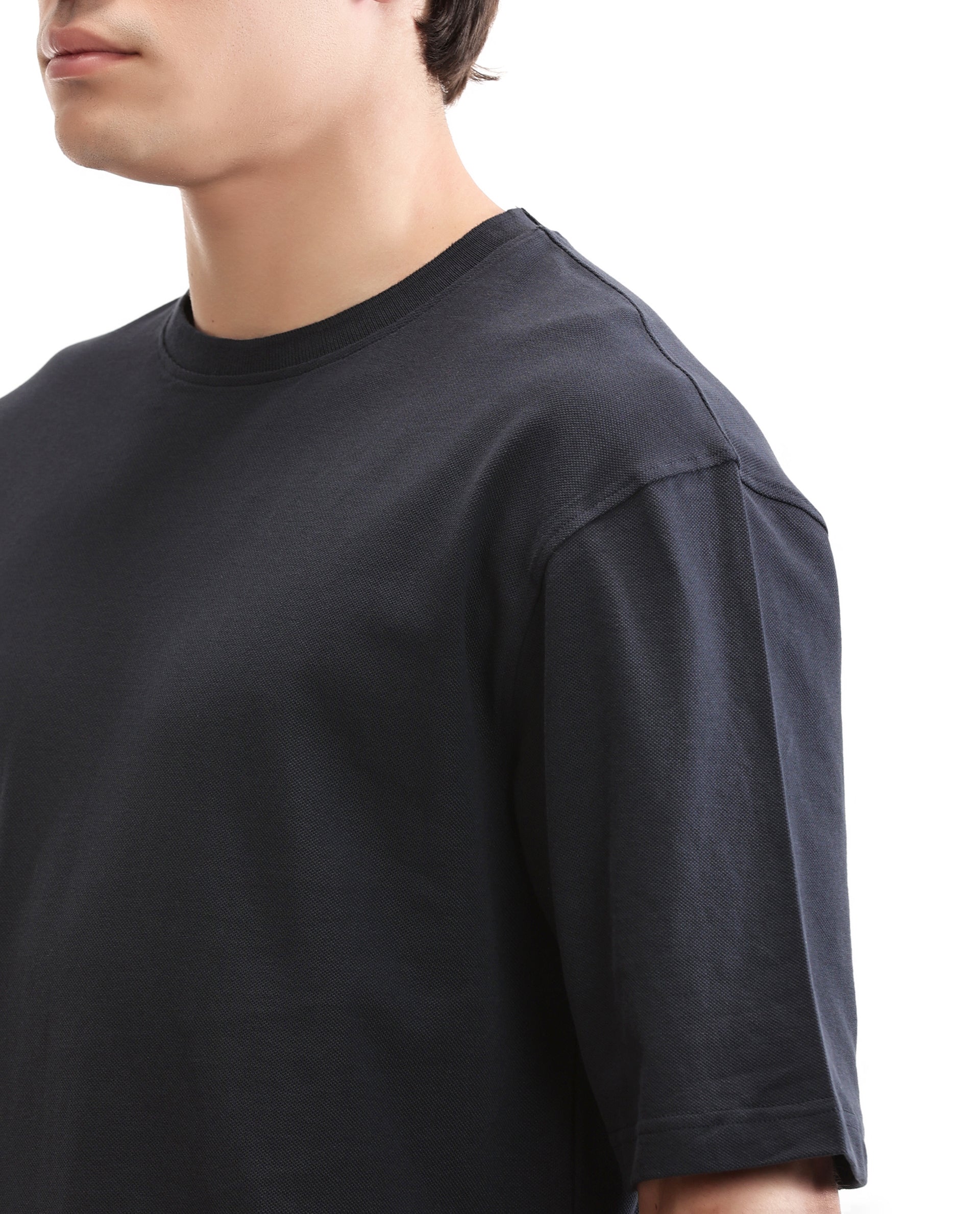 Midnight Navy Blue Pique Crew Neck Oversized T-Shirt