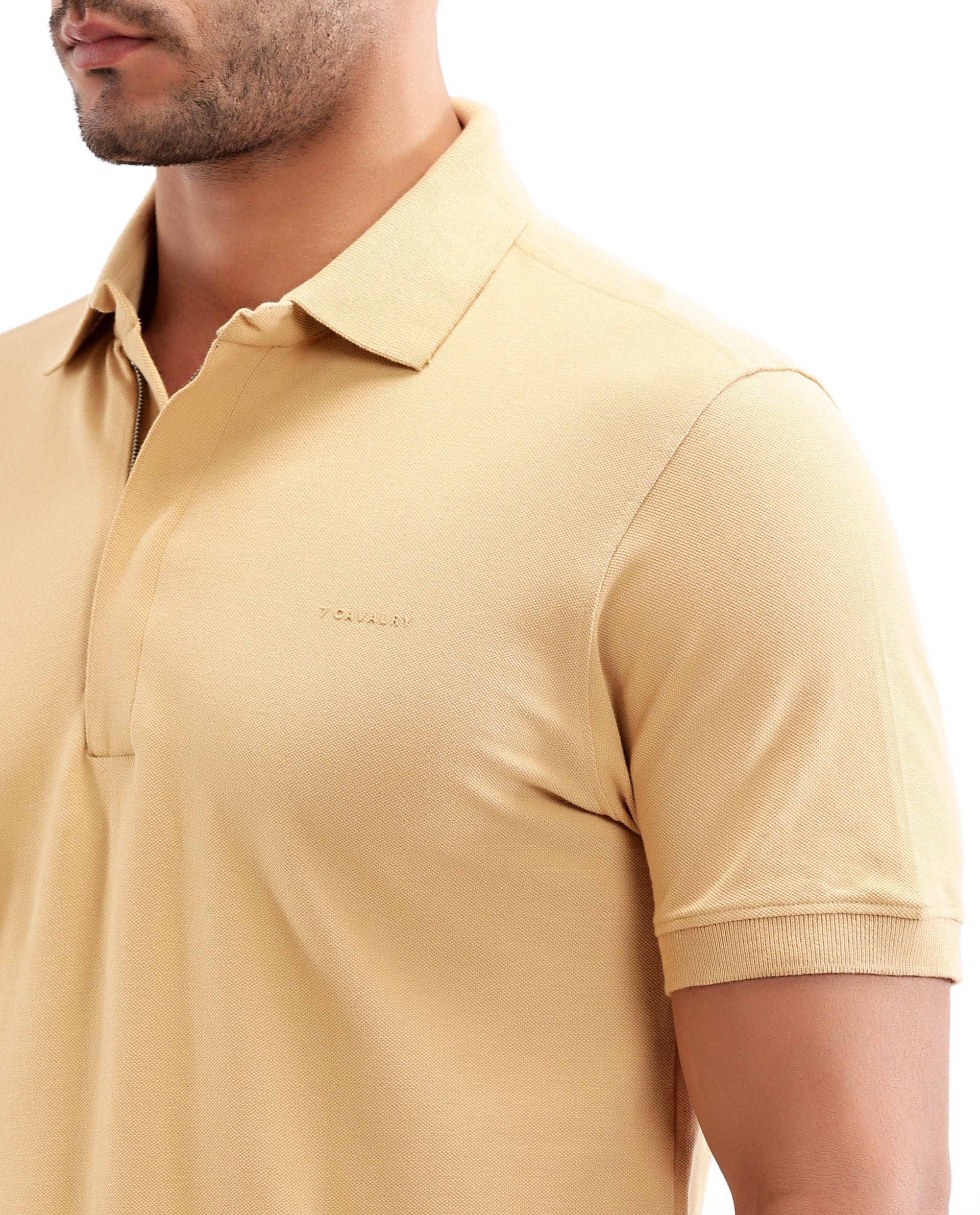 Camel Beige Solid Polo with Concealed 7C Metal Zip, HD Print