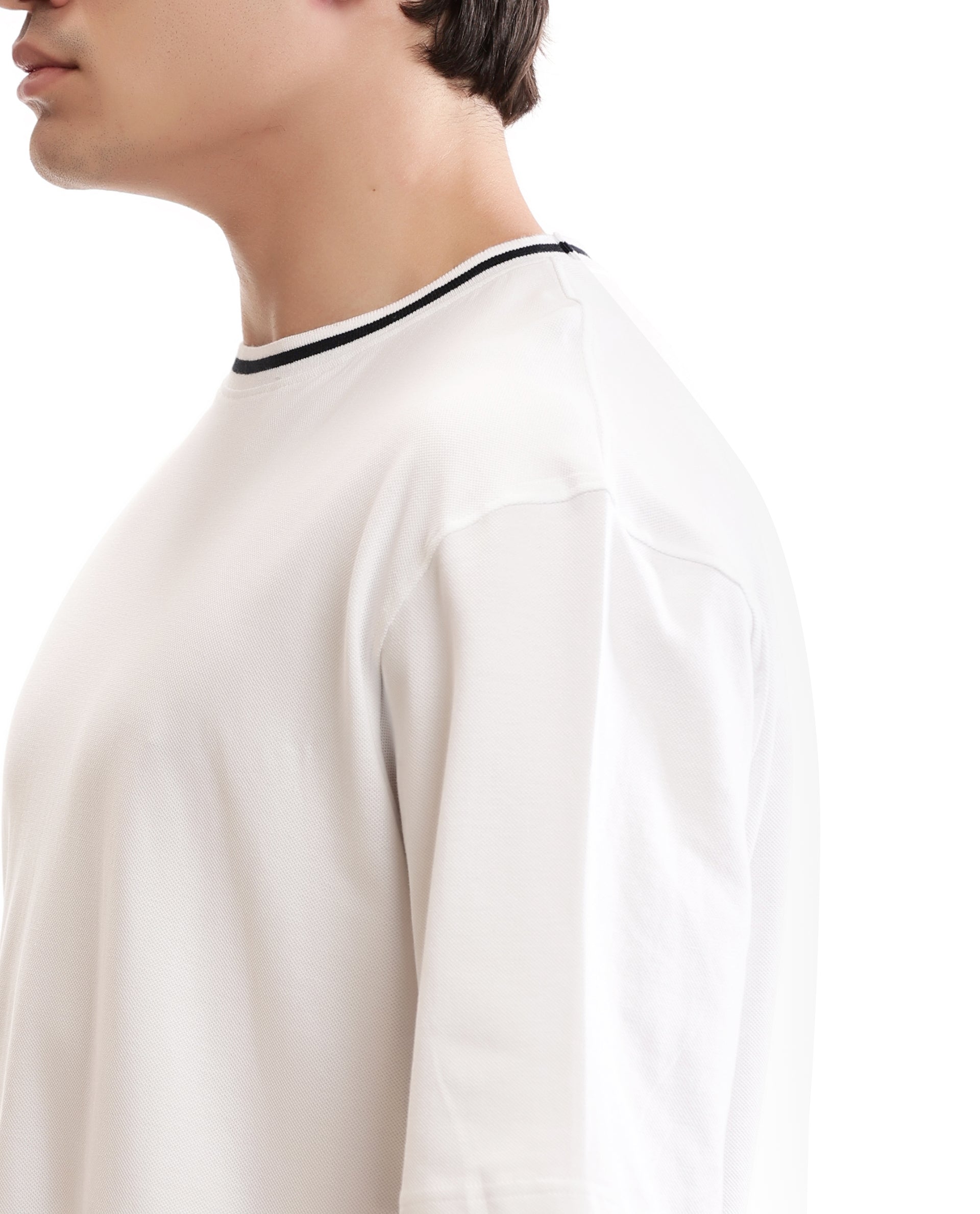 Pure White Pique Crew Neck Oversized T-Shirt with Midnight Navy Blue Piping