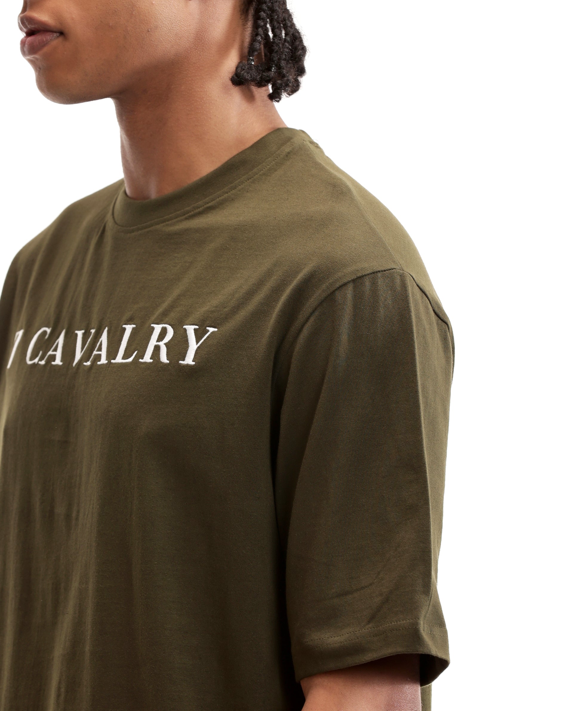 Vintage Olive Single Jersey Crew Neck Oversized T-Shirt with Pure White Embroidery