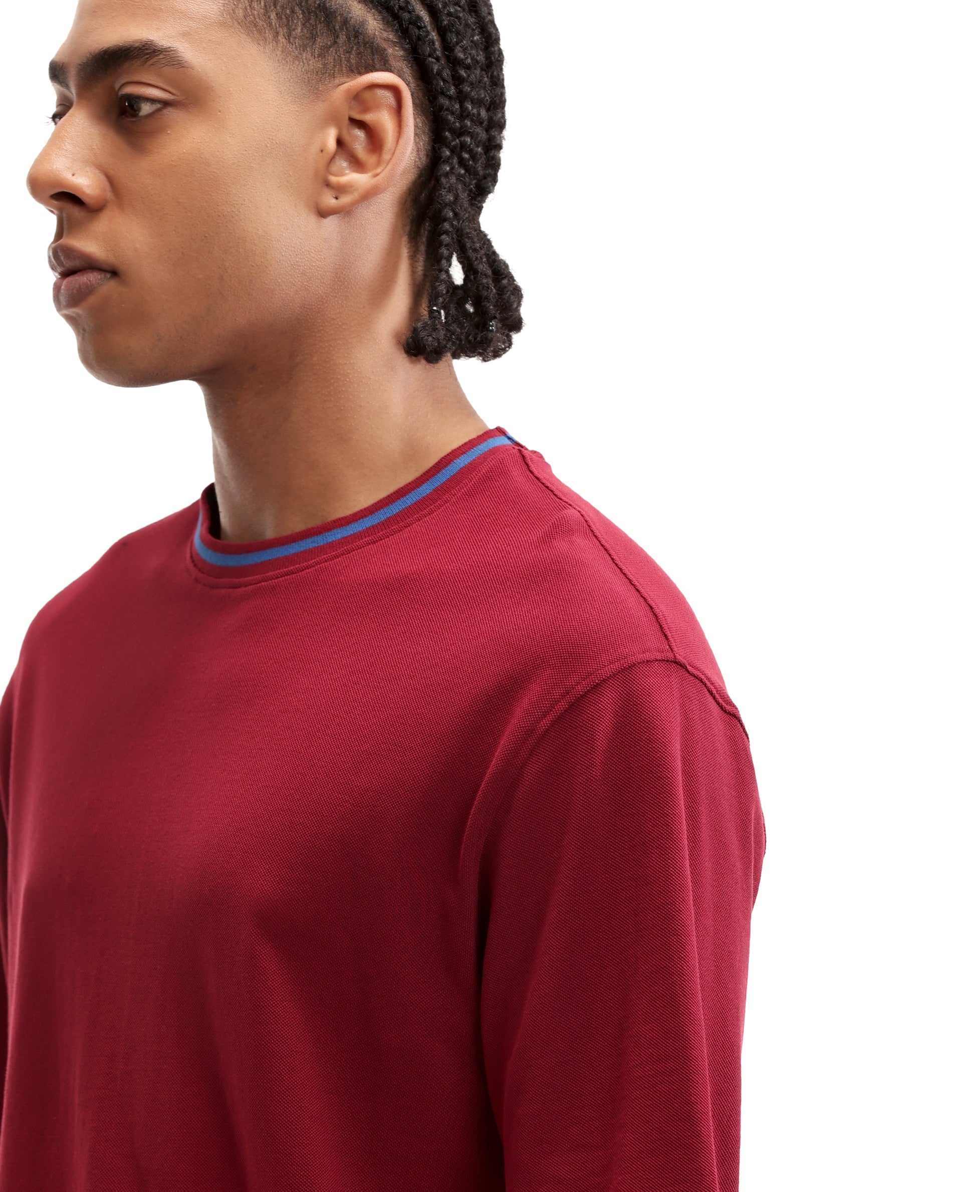 Bordeaux Maroon Pique Crew Neck Oversized T-Shirt with Midnight Navy Blue Piping