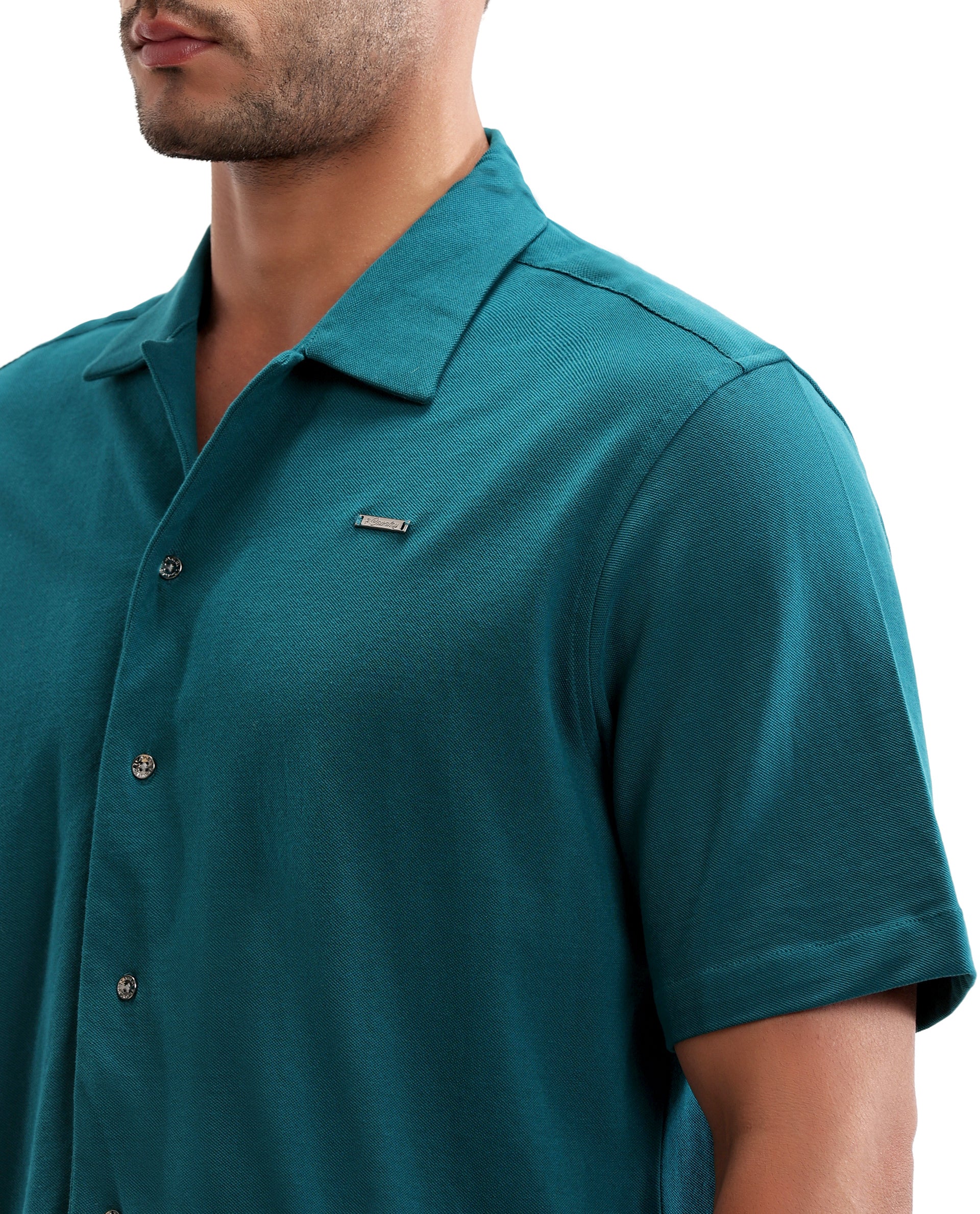 Ocean Teal Pique Knit Shirt with 7C Metal Buttons, Gun Metal Badge