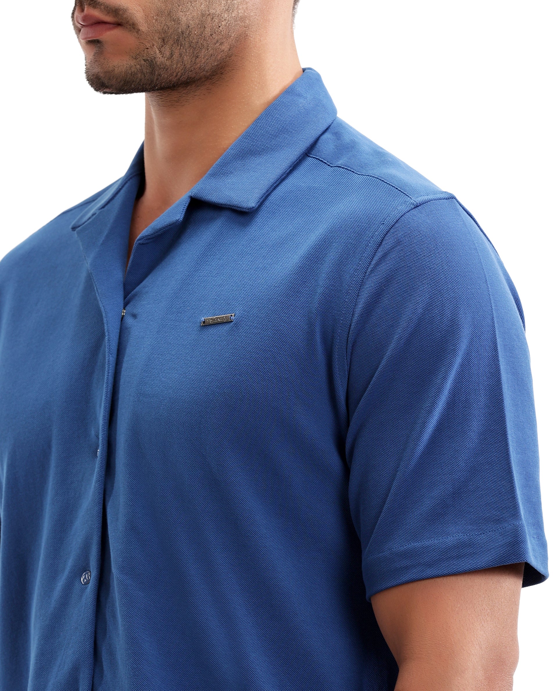 Imperial Prussian Blue Pique Knit Shirt with 7C Engraved Snap Buttons, Gun Metal Badge