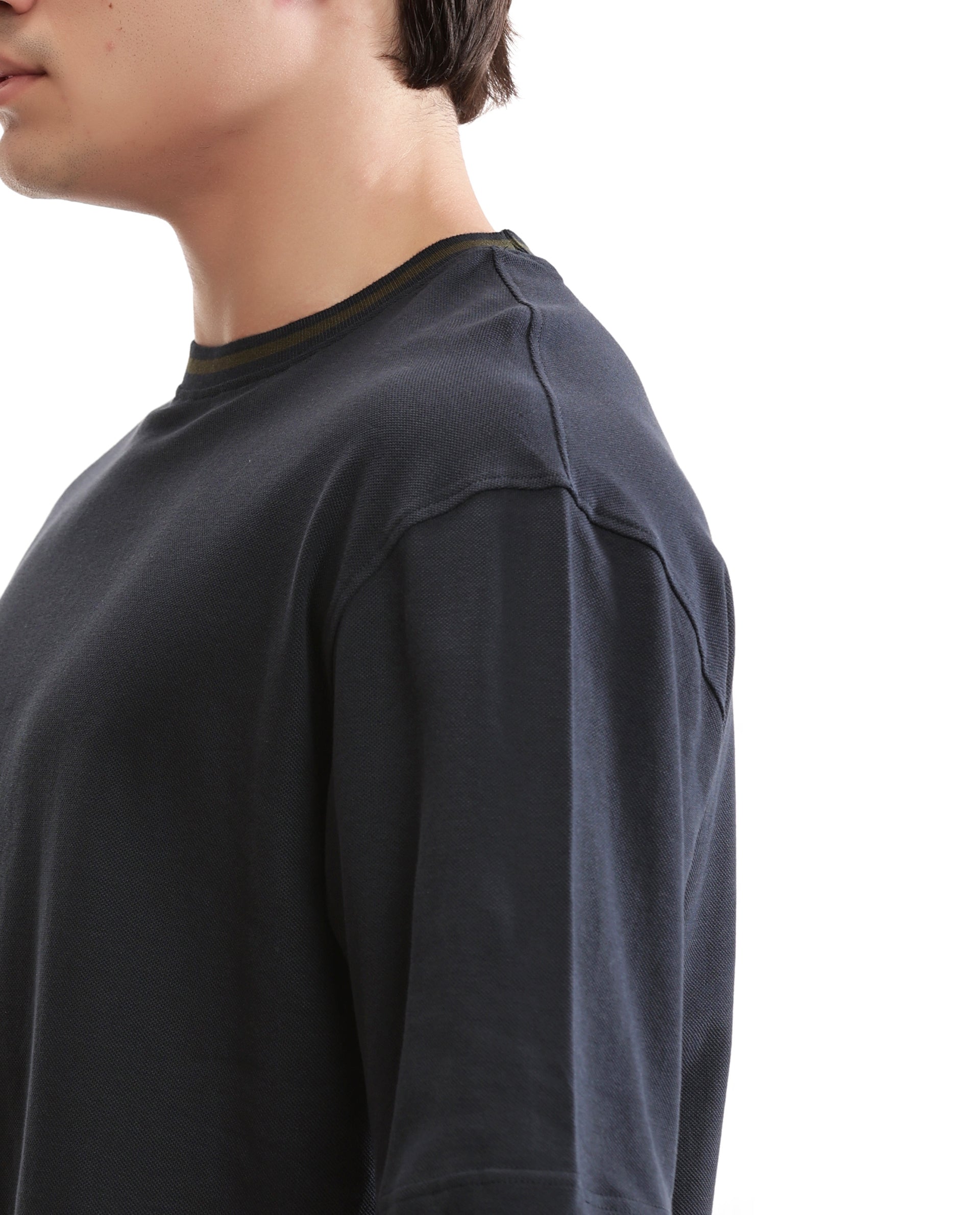 Midnight Navy Blue Pique Crew Neck Oversized T-Shirt with Vintage Olive Piping