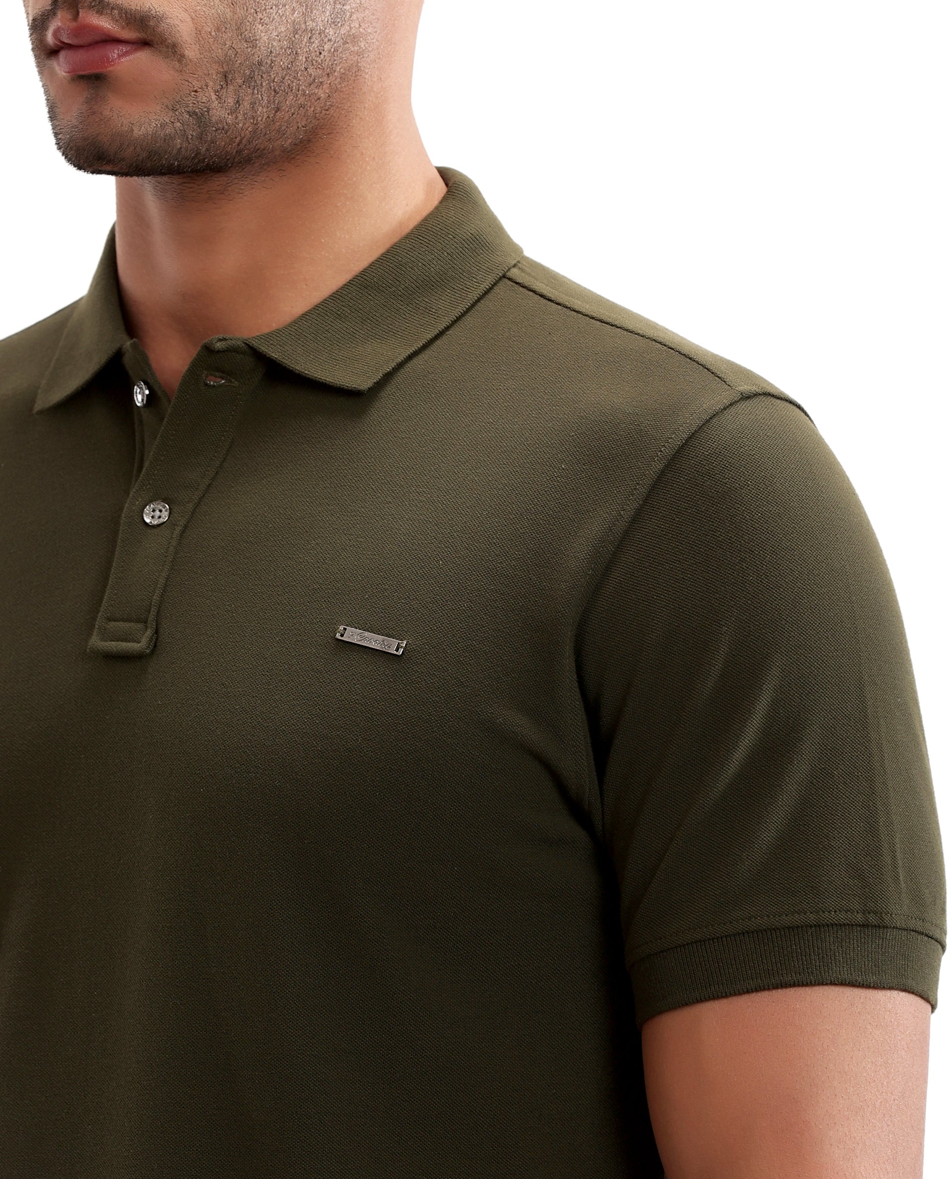 Vintage Olive Pique Polo with Metal Buttons, 7C Metal Badge