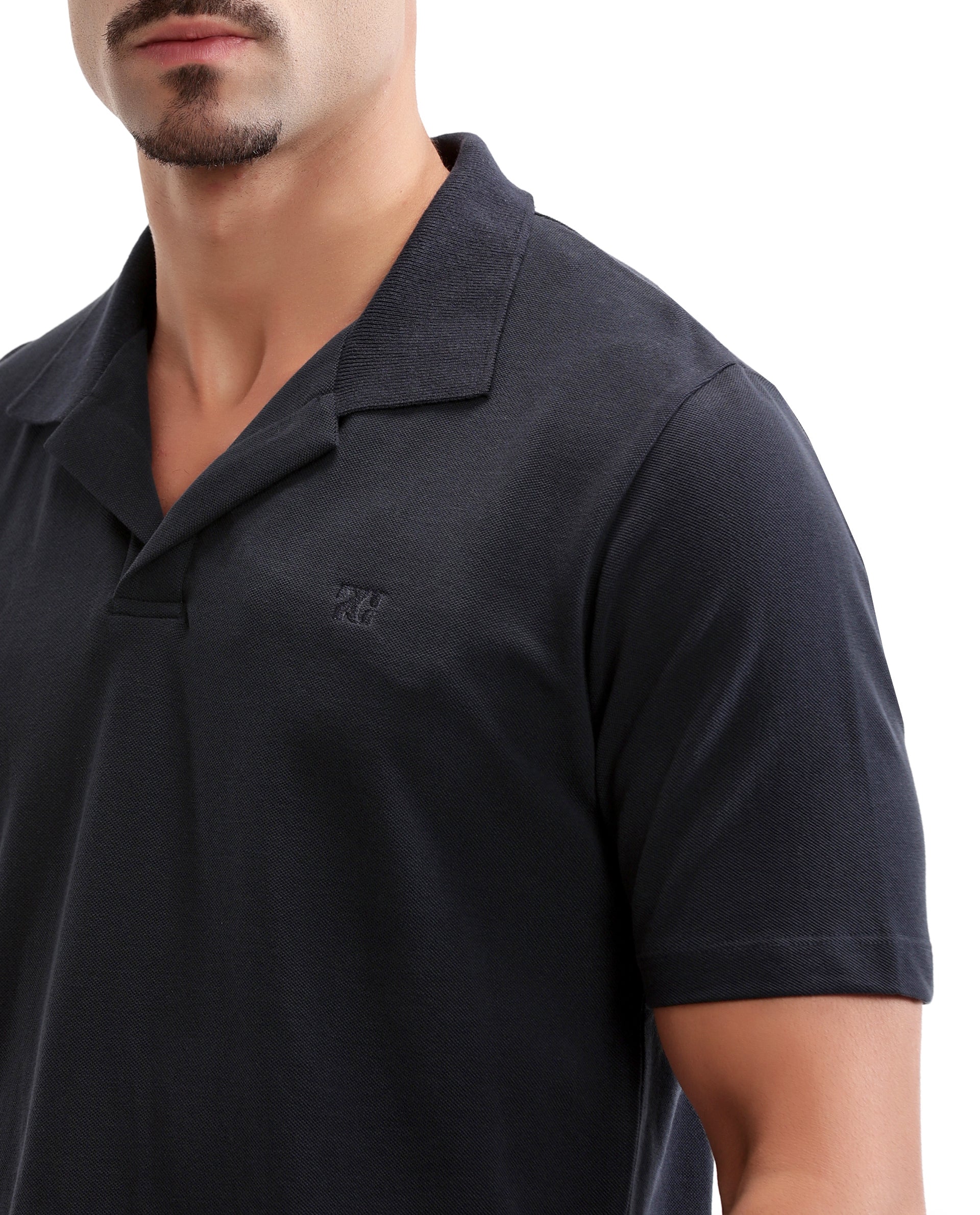 Midnight Navy Blue Johnny Collar Pique Polo with Tone-on-Tone 7C Embroidery