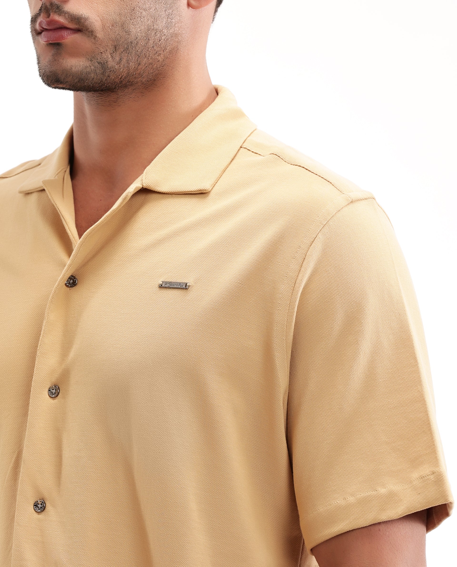 Camel Beige Pique Knit Shirt with 7C Metal Buttons, Gun Metal Badge