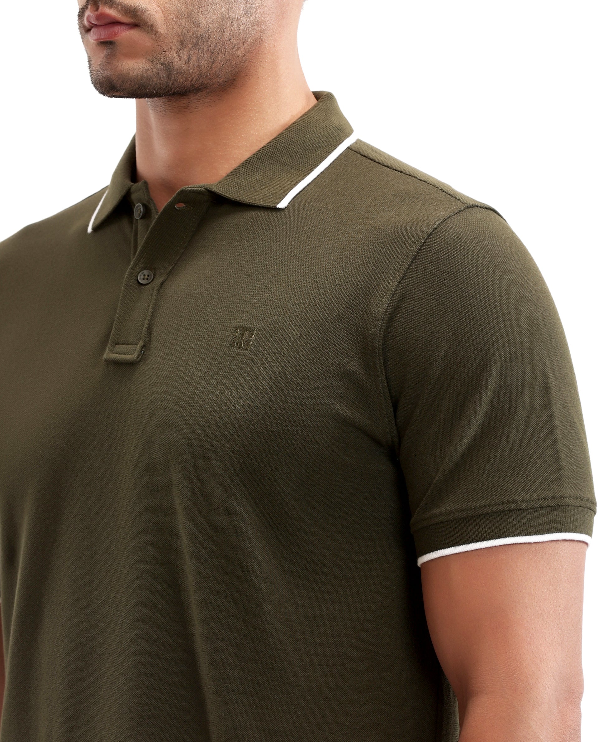 Vintage Olive Pique Polo with White Collar Piping, Tone-on-Tone 7C Embroidery