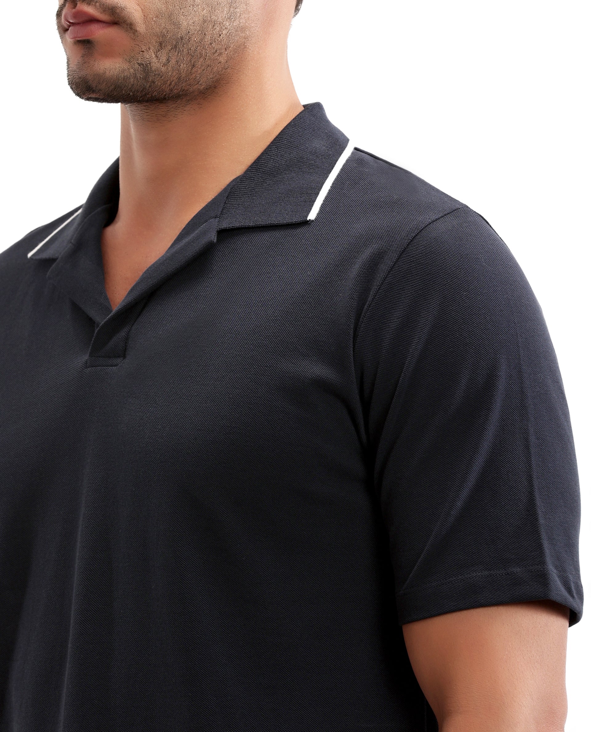 Midnight Navy Blue Johnny Collar Pique Polo with White Collar Piping