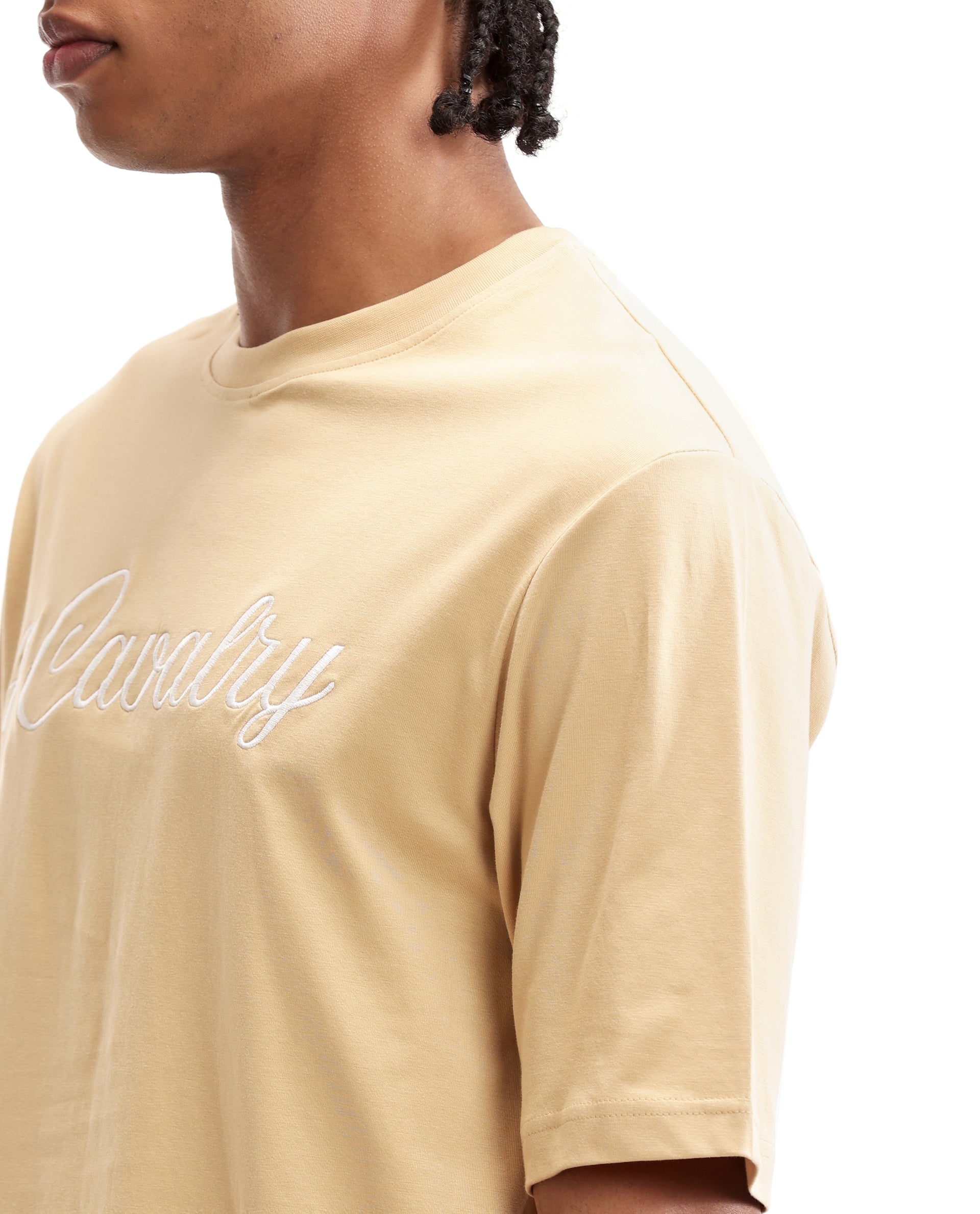 Camel Beige Single Jersey Crew Neck Oversized T-Shirt with Pure White Embroidery