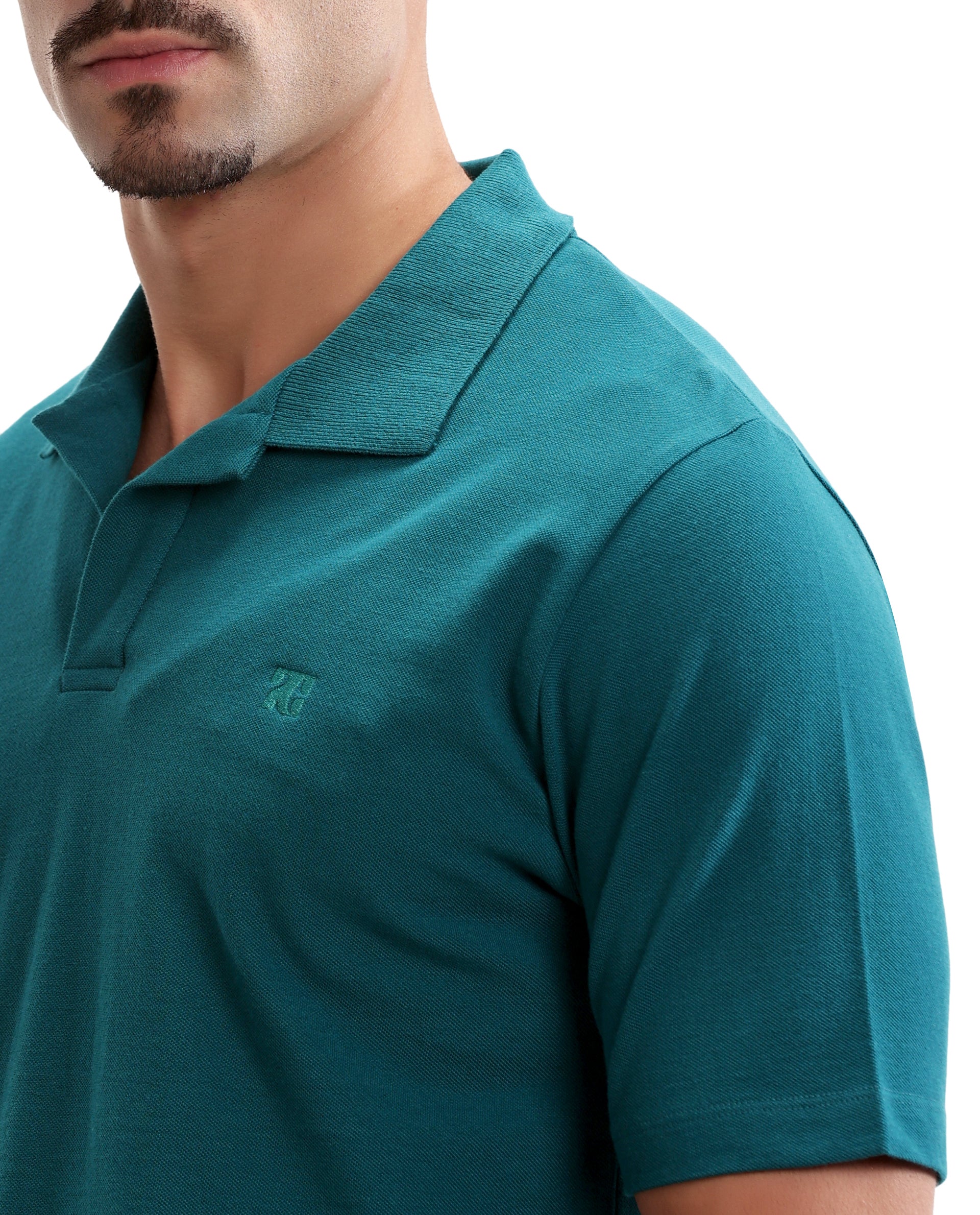 Ocean Teal Johnny Collar Pique Polo with Tone-on-Tone 7C Embroidery