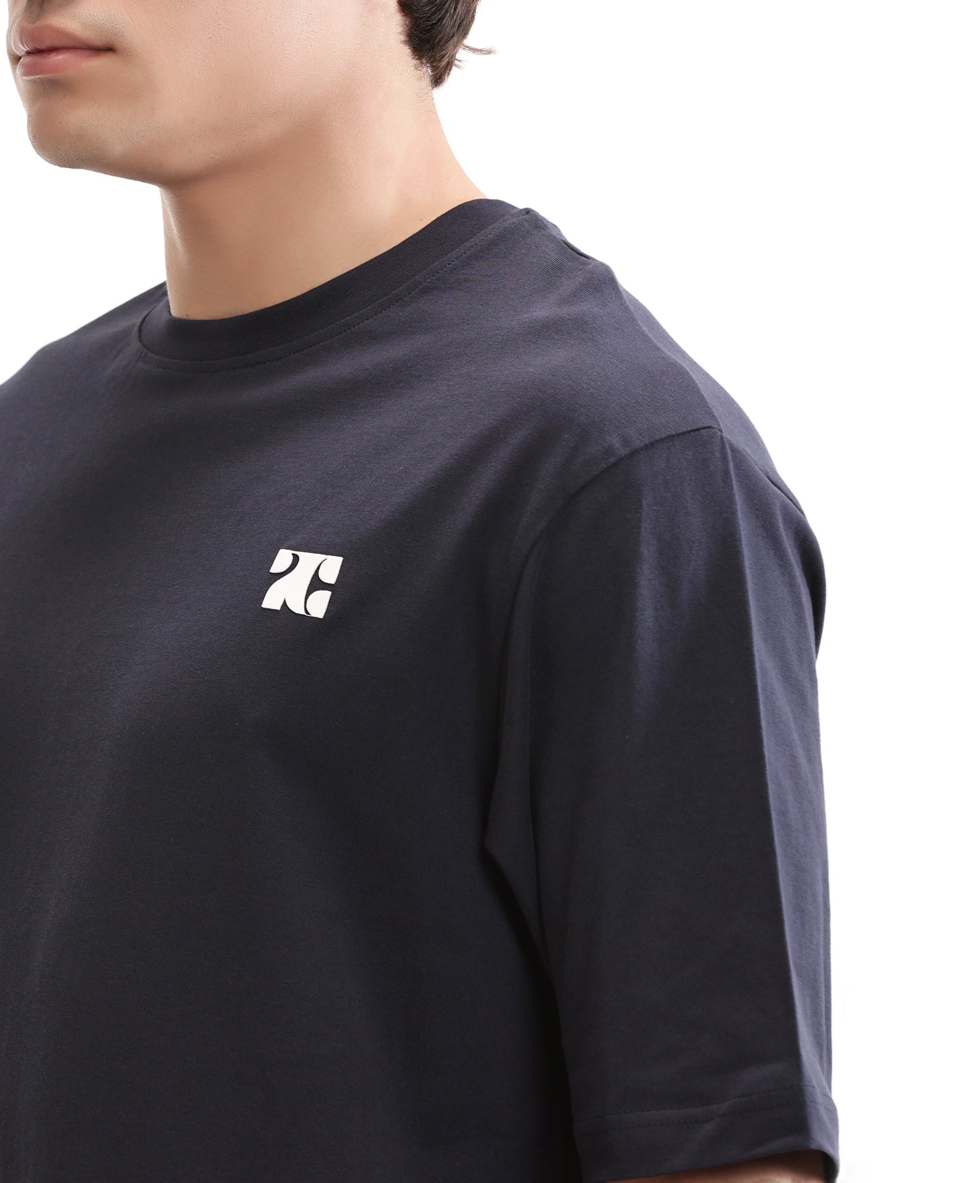 Midnight Navy Blue Single Jersey Crew Neck Oversized T-Shirt with Pure White HD Print