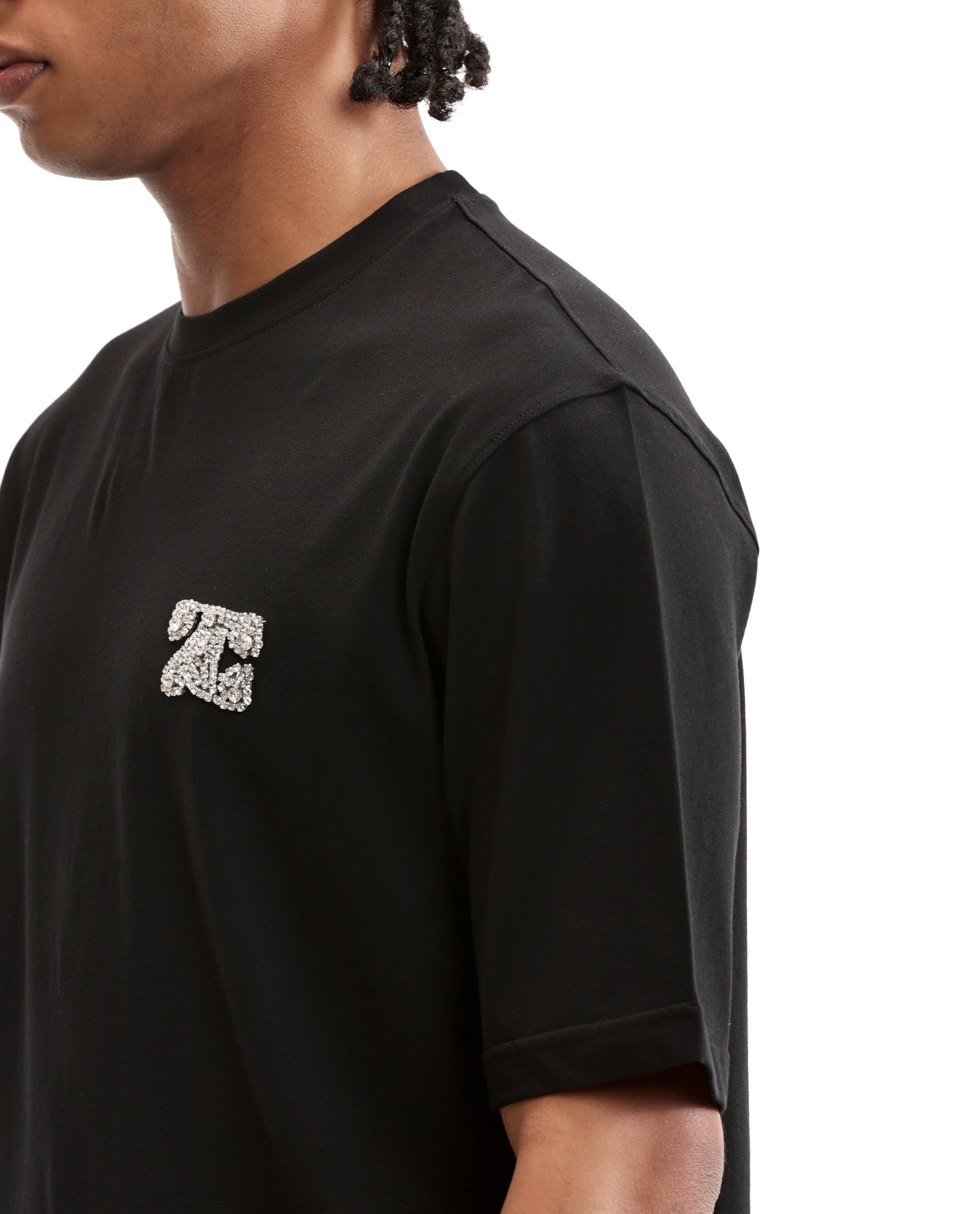 Charcoal Black Single Jersey Crew Neck Oversized T-Shirt with Crystal Finish Rhinestones