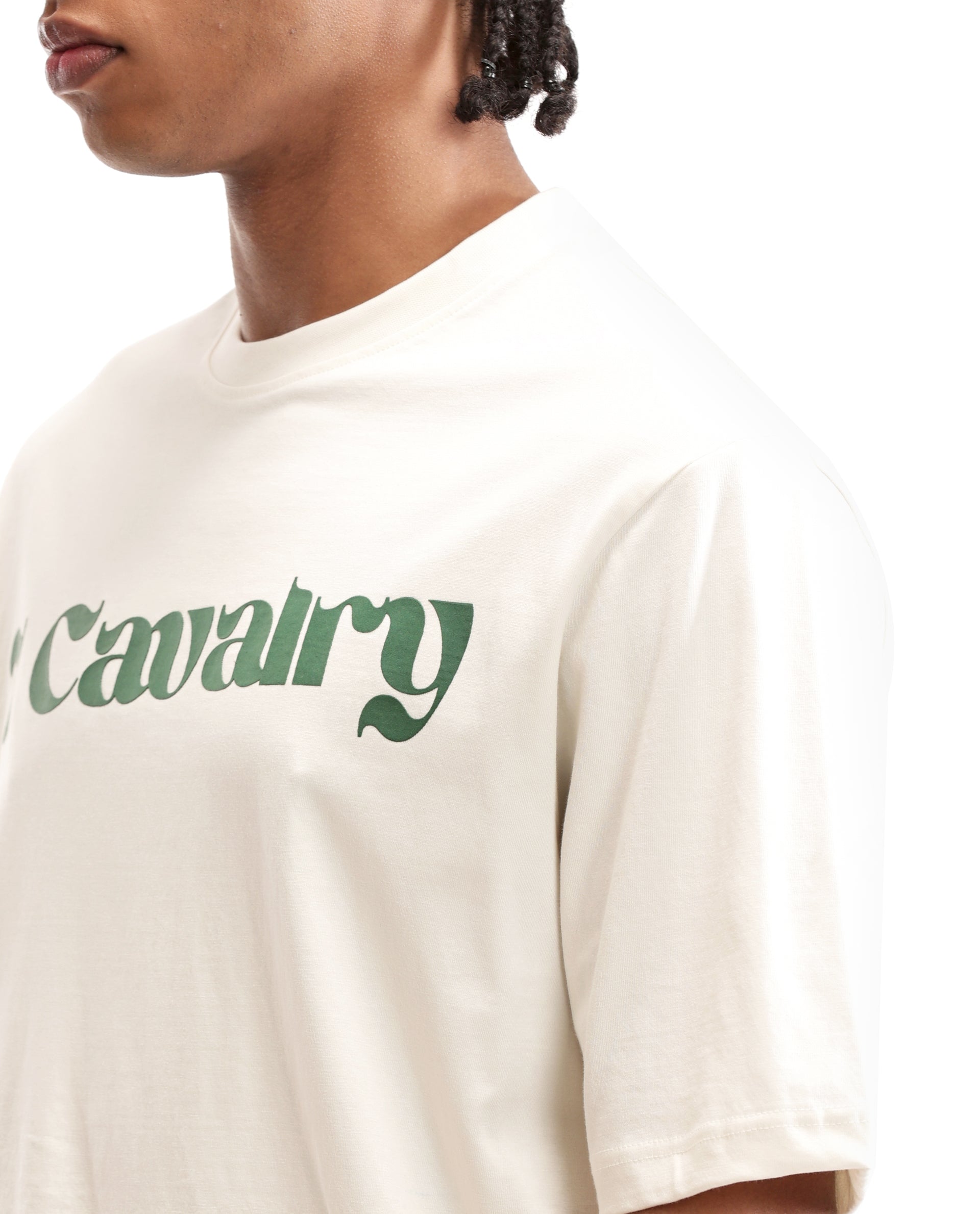 Ivory White Single Jersey Crew Neck Oversized T-Shirt with Deep Forest Green Puff Print