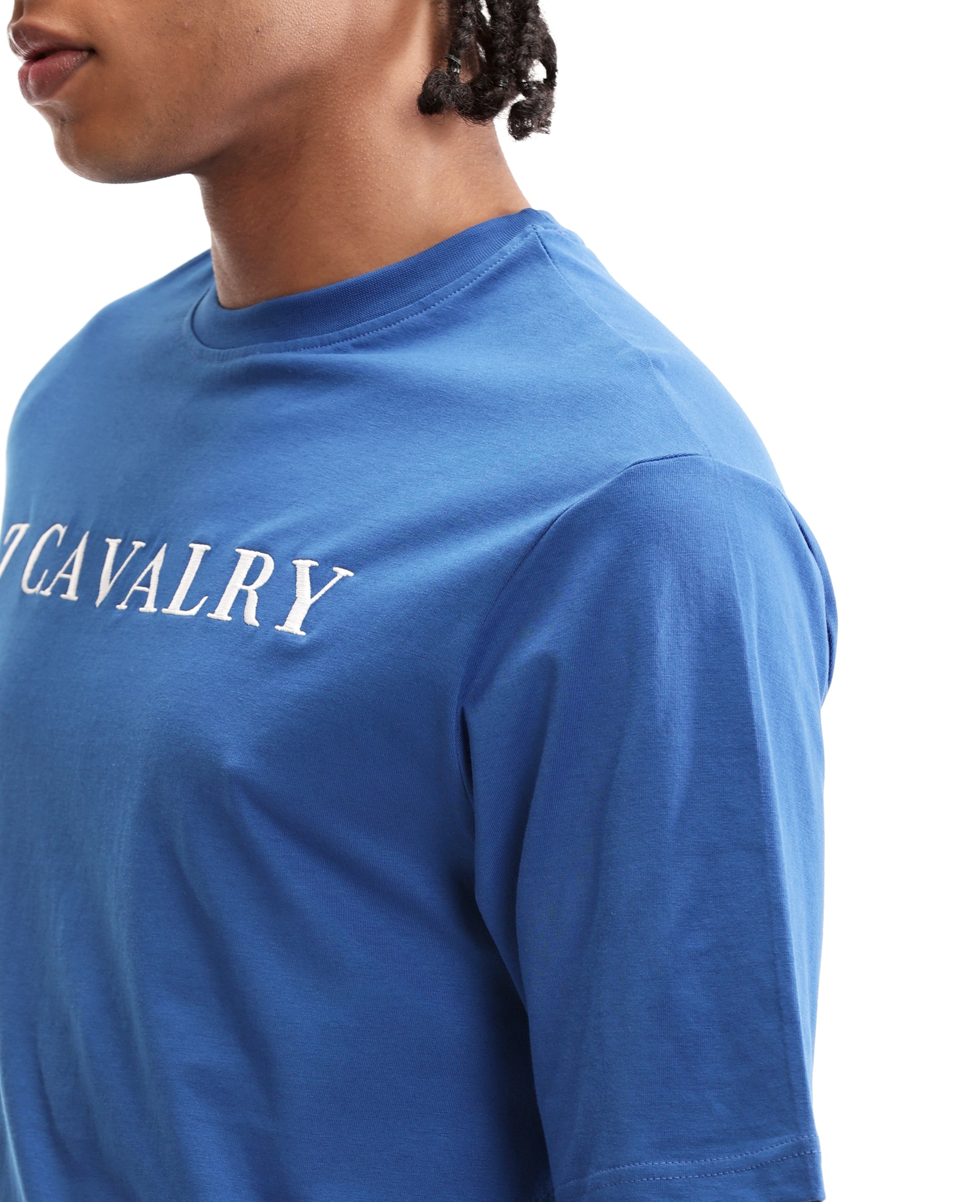Imperial Prussian Blue Single Jersey Crew Neck Oversized T-Shirt with Pure White Embroidery