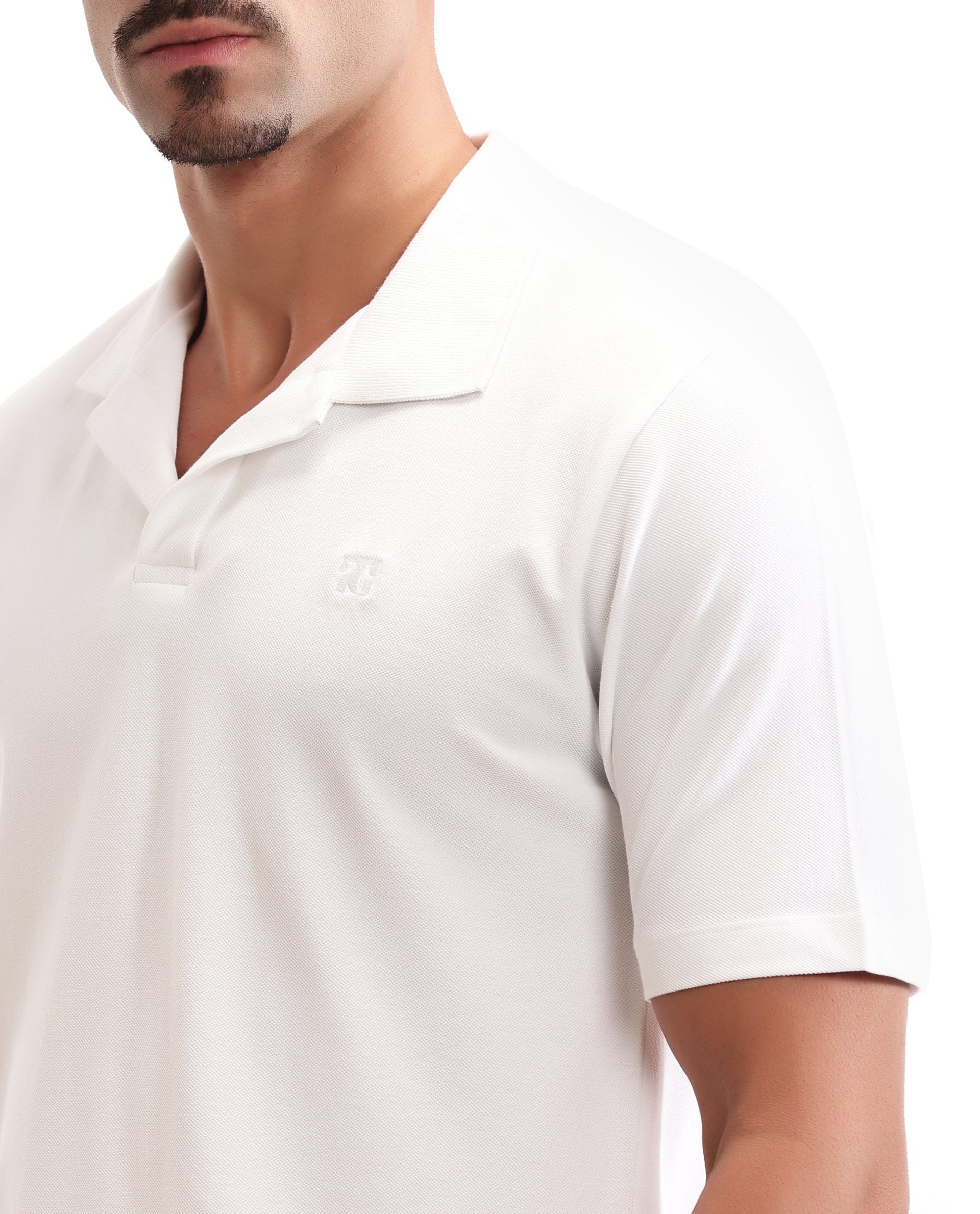 Pure White Johnny Collar Pique Polo with Tone-on-Tone 7C Embroidery