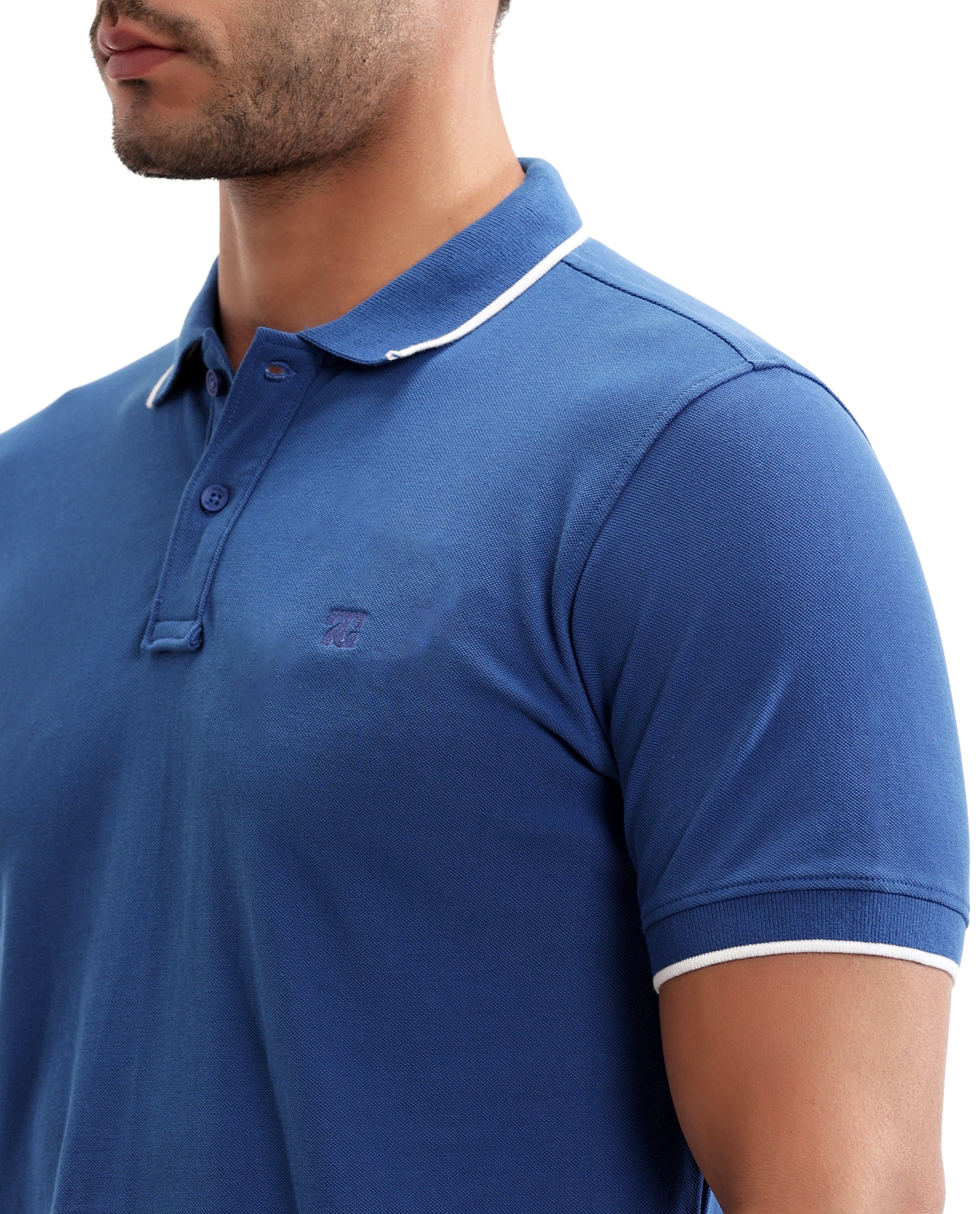 Imperial Prussian Blue Pique Polo with White Collar Piping, Tone-on-Tone 7C Embroidery