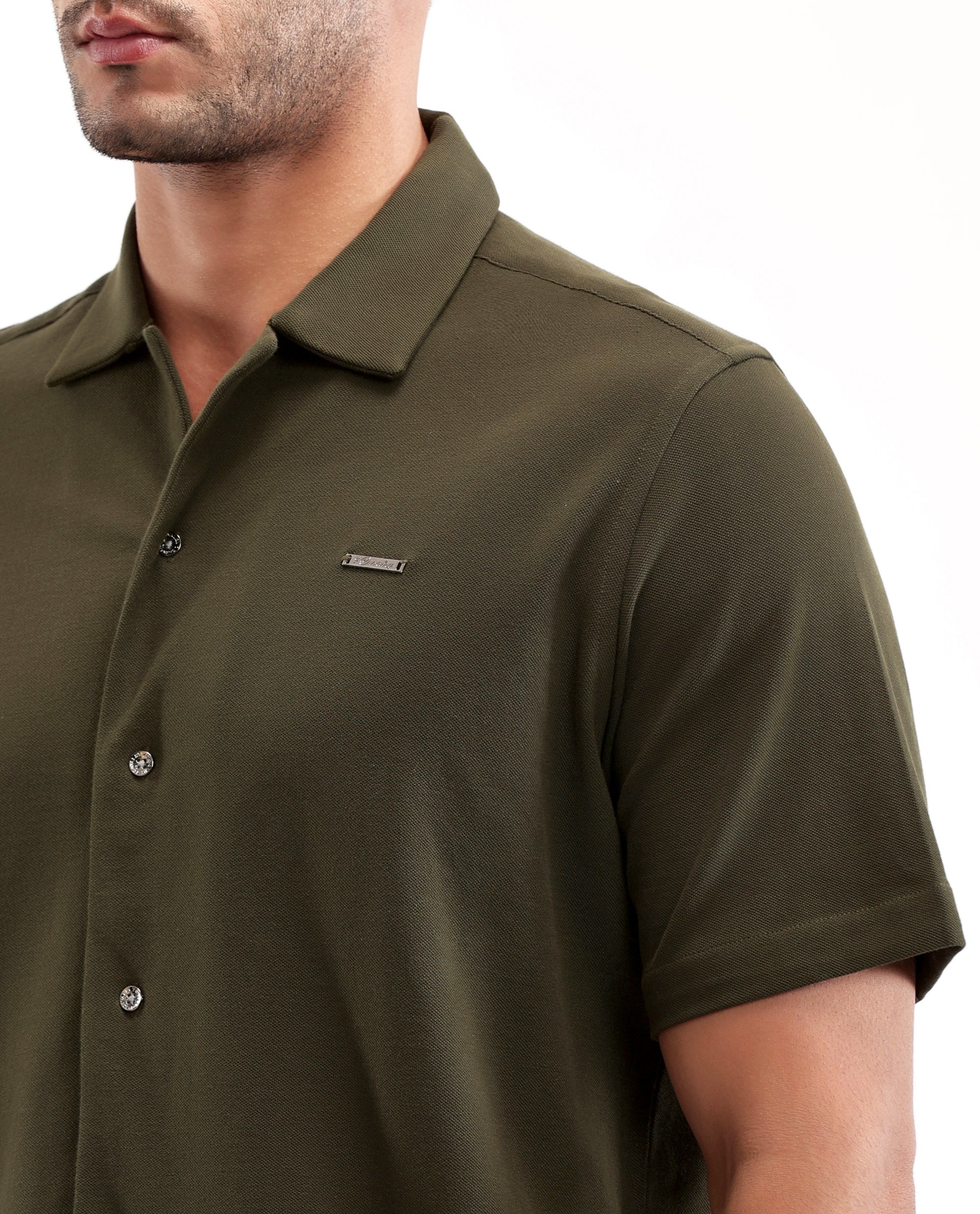 Vintage Olive Pique Knit Shirt with 7C Metal Buttons, Gun Metal Badge