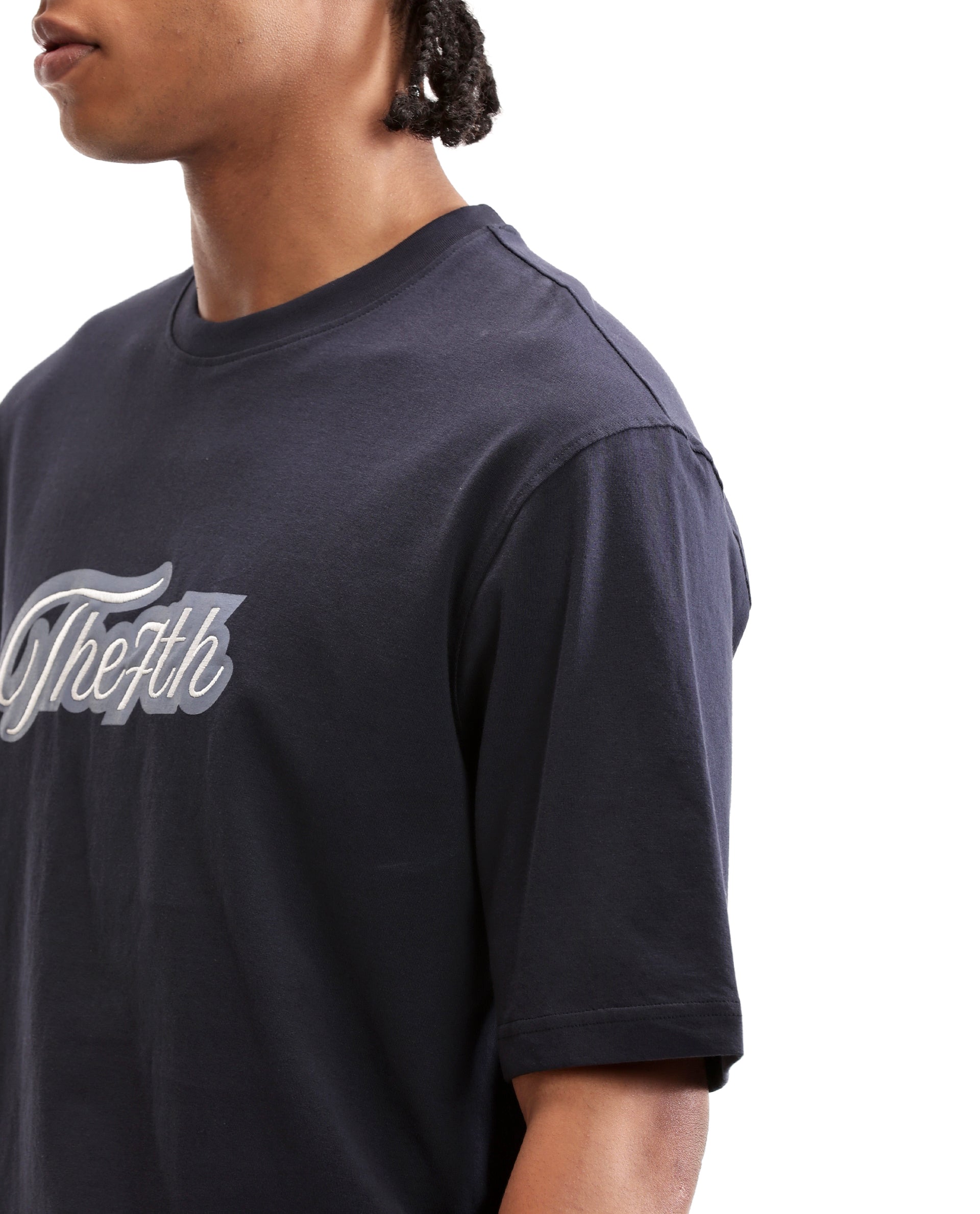 Midnight Navy Blue Single Jersey Crew Neck Oversized T-Shirt with Light Blue Print & Pure White 7C Embroidery