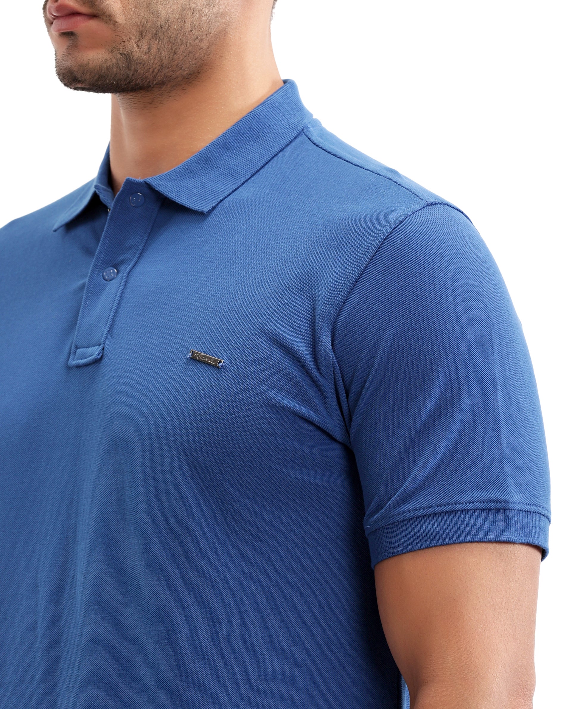 Imperial Prussian Blue Pique Polo with 7C Snap Buttons, Metal Badge