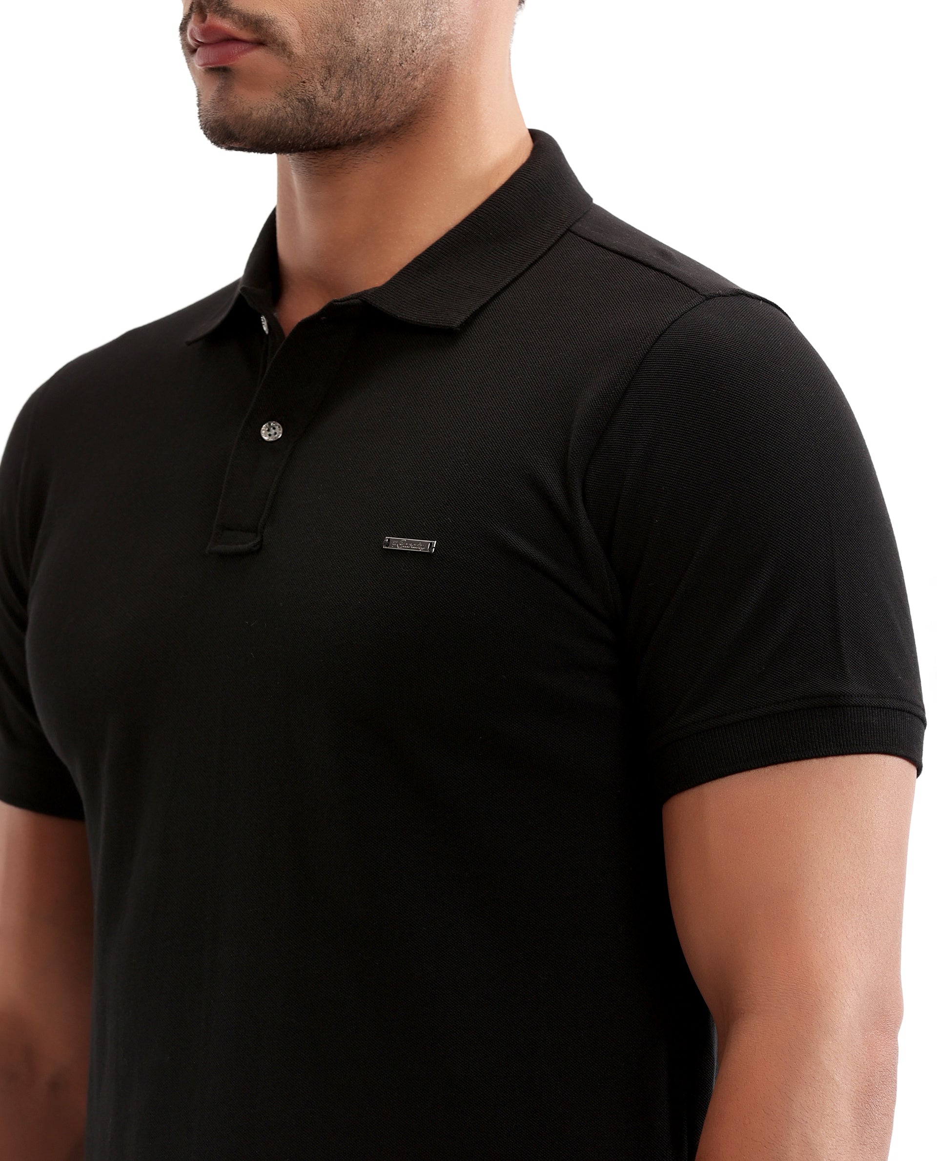 Charcoal Black Pique Polo with Metal Buttons, 7C Metal Badge