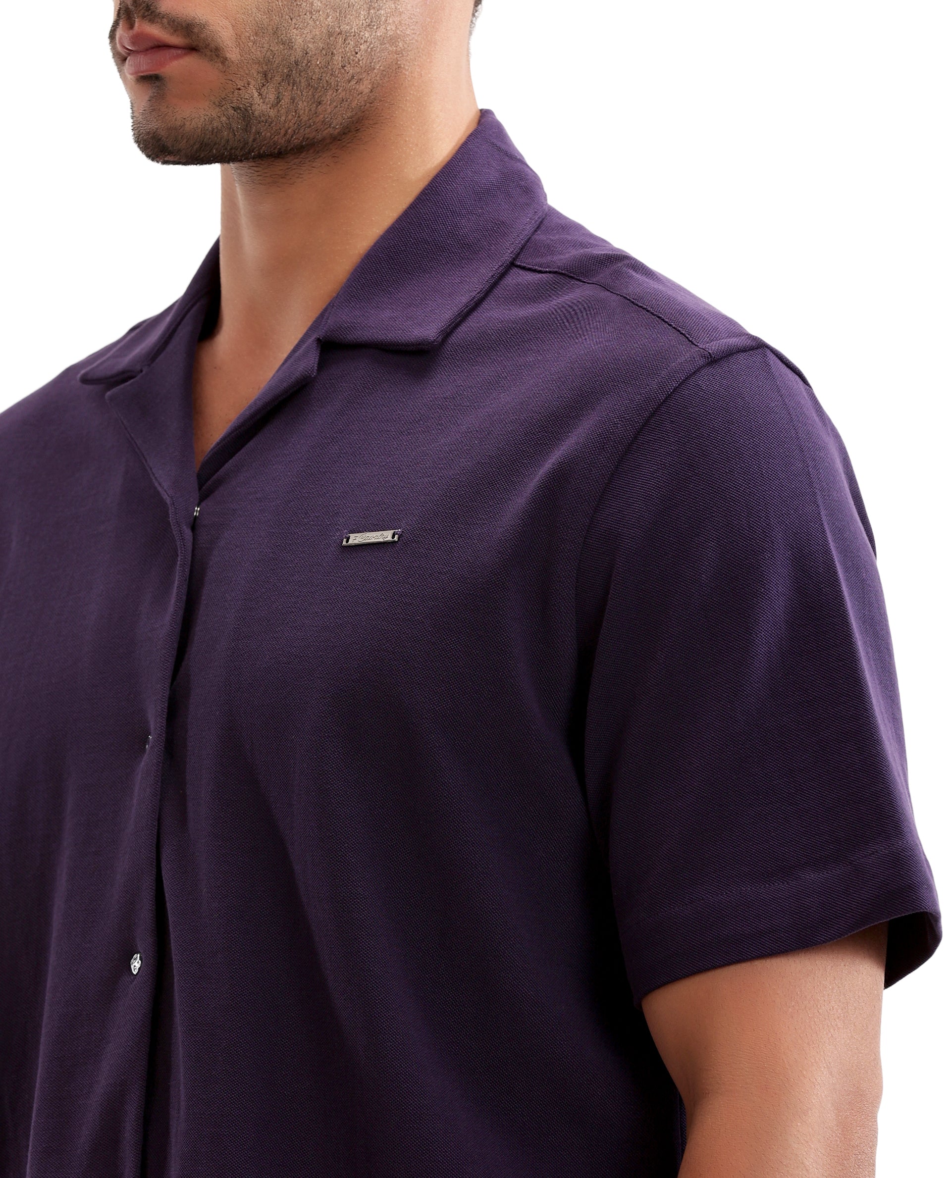 Deep Purple Pique Knit Shirt with 7C Engraved Snap Buttons, Gun Metal Badge