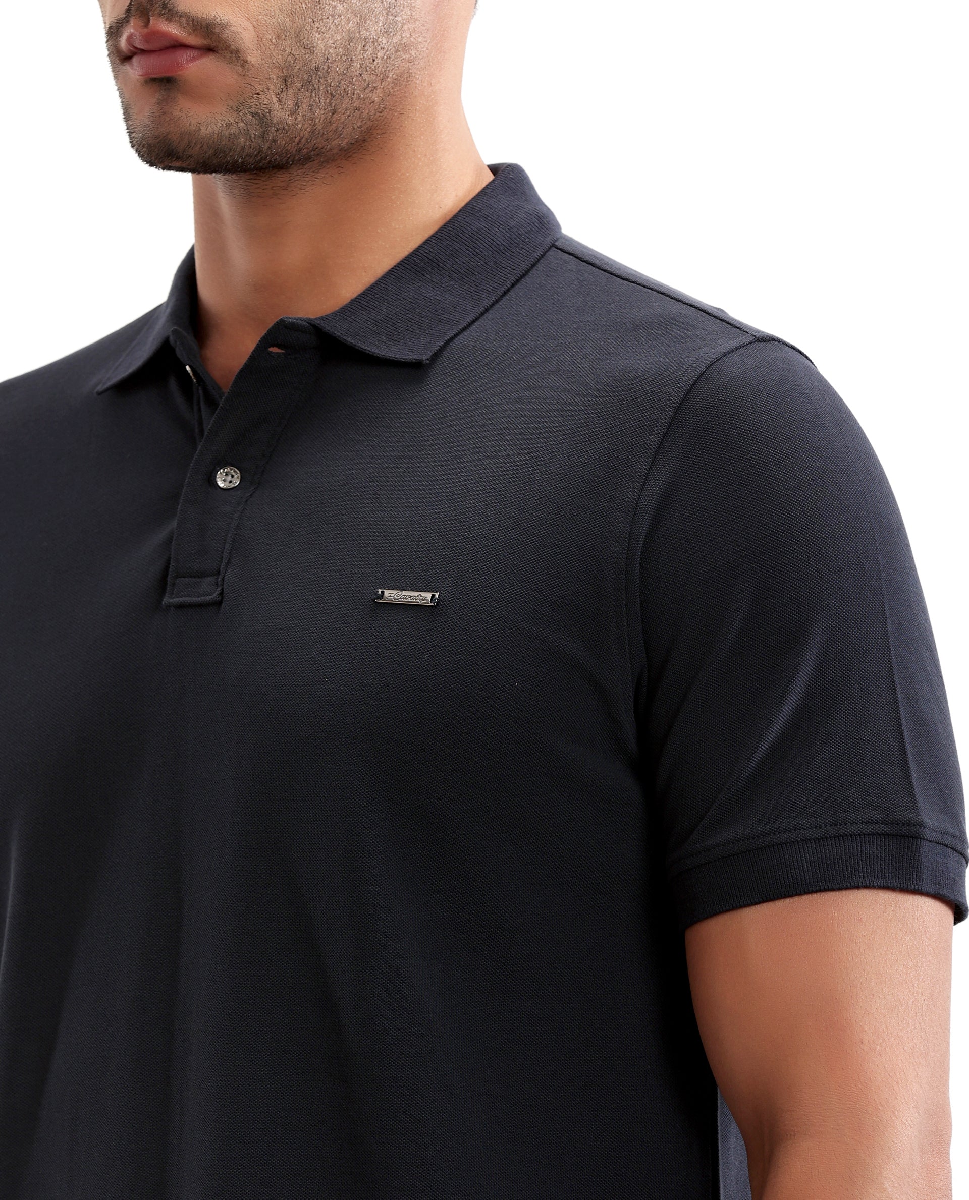 Midnight Navy Blue Pique Polo with Metal Buttons, 7C Metal Badge