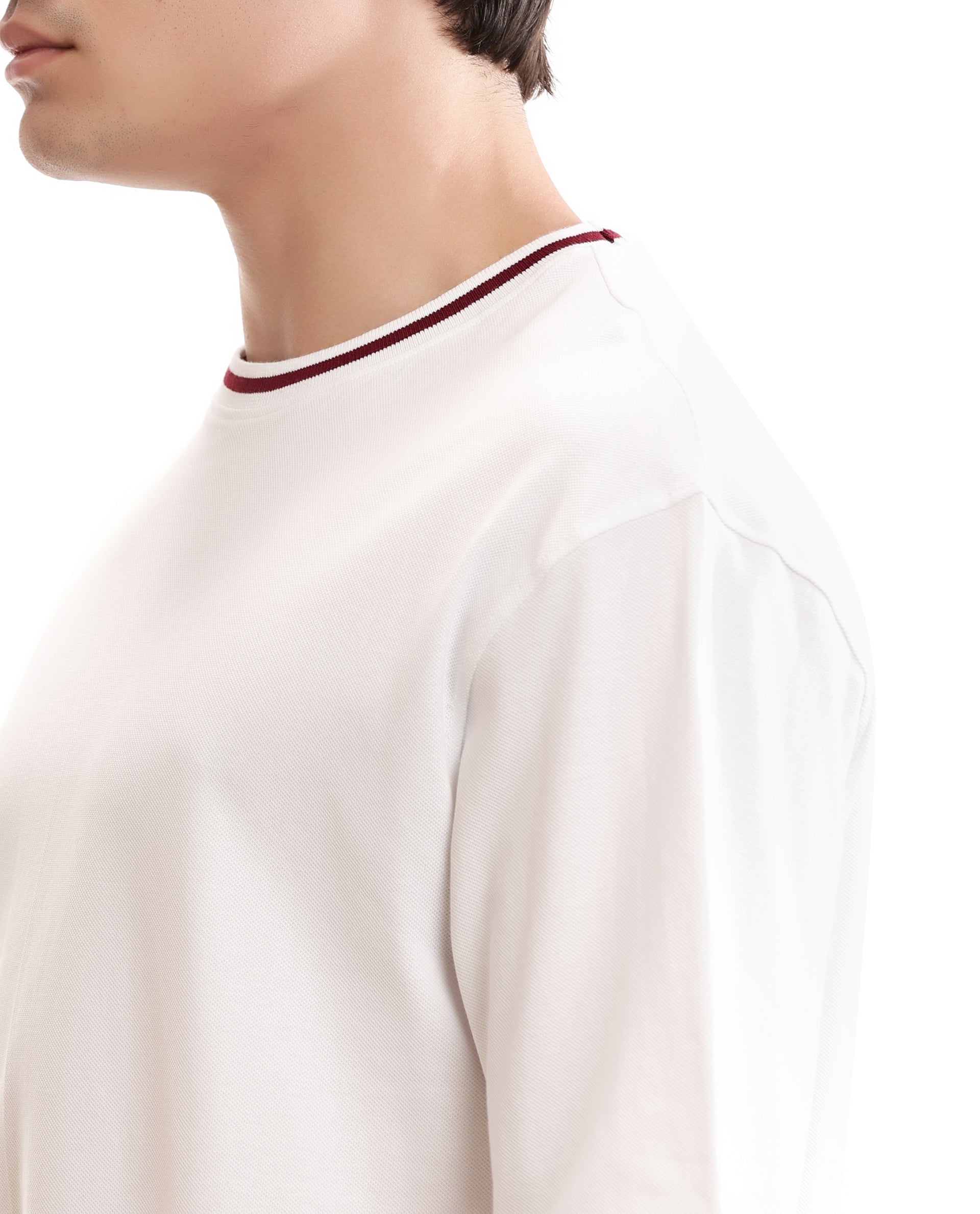 Pure White Pique Crew Neck Oversized T-Shirt with Bordeaux Maroon Piping