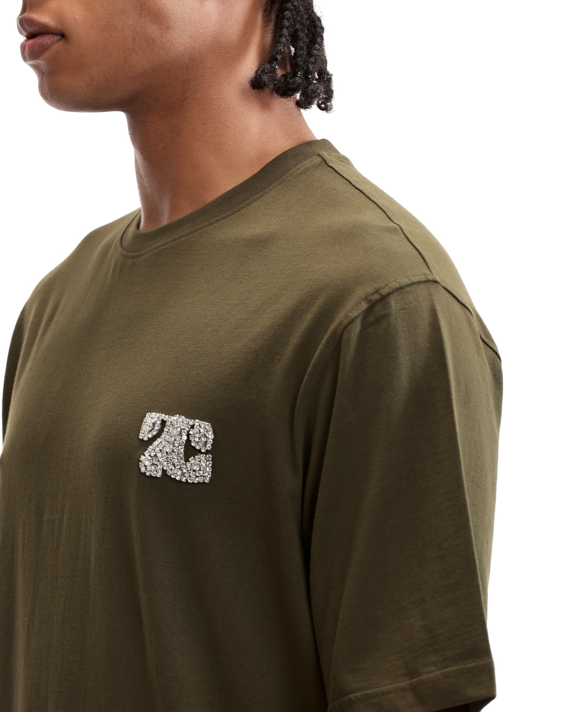 Vintage Olive Single Jersey Crew Neck Oversized T-Shirt with Crystal Finish Rhinestones