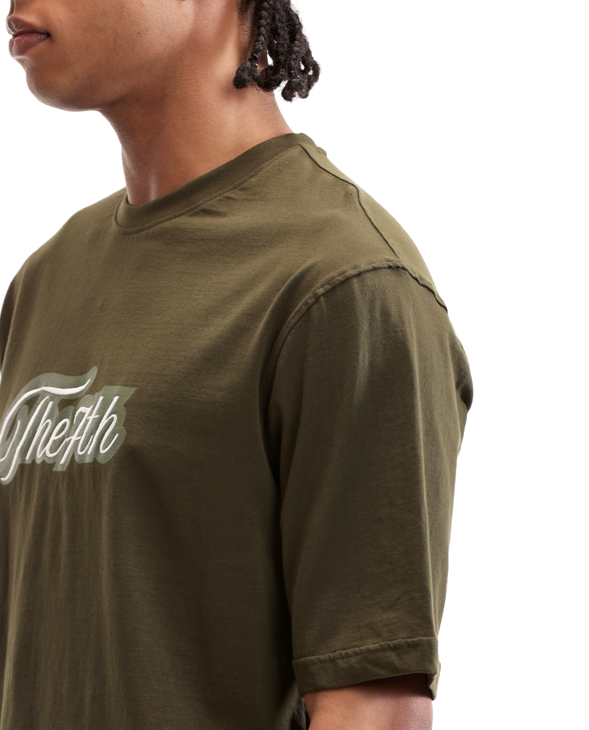 Vintage Olive Single Jersey Crew Neck Oversized T-Shirt with Light Olive Print & Pure White 7C Embroidery