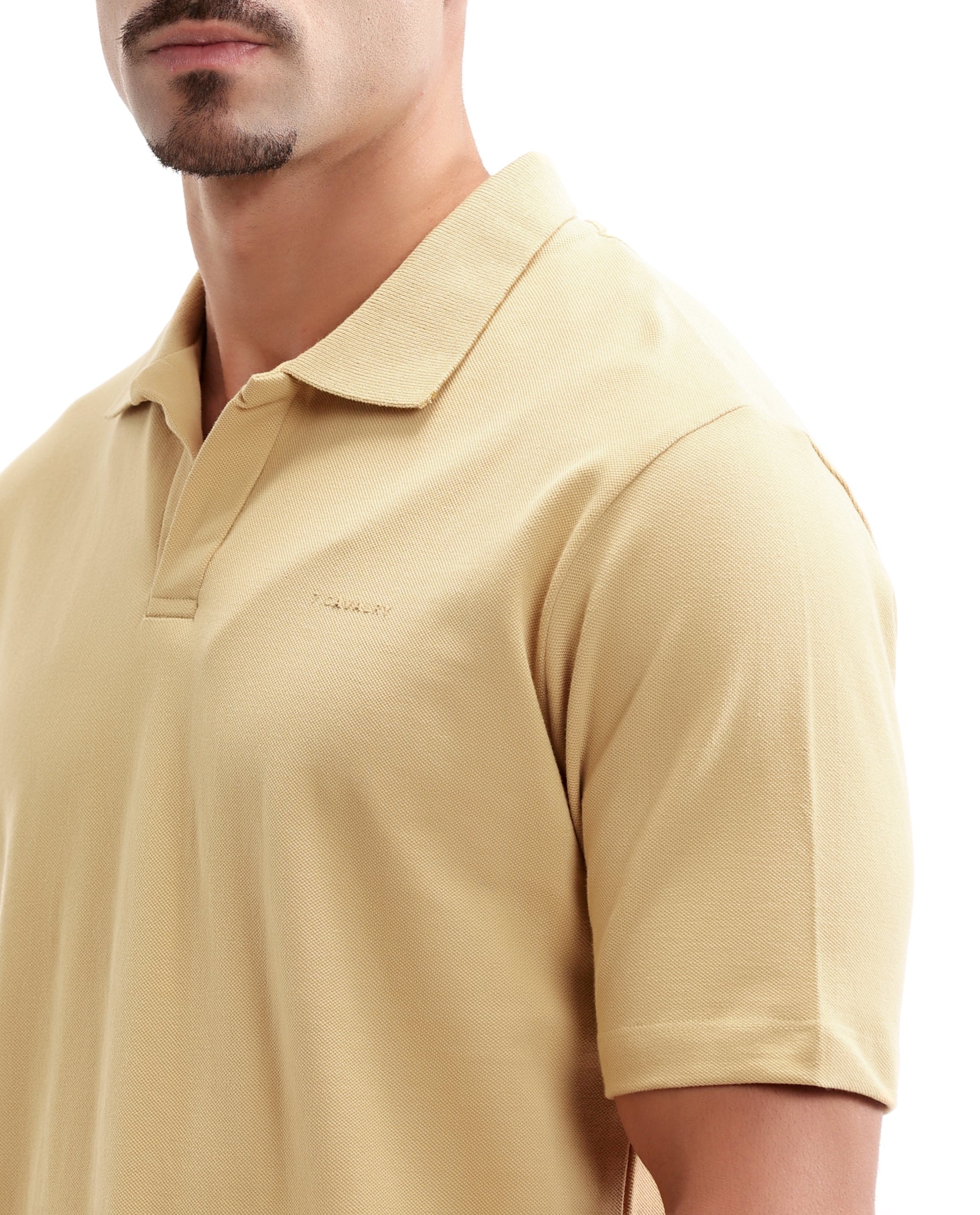 Camel Beige Pique Johnny Collar Polo with HD Print
