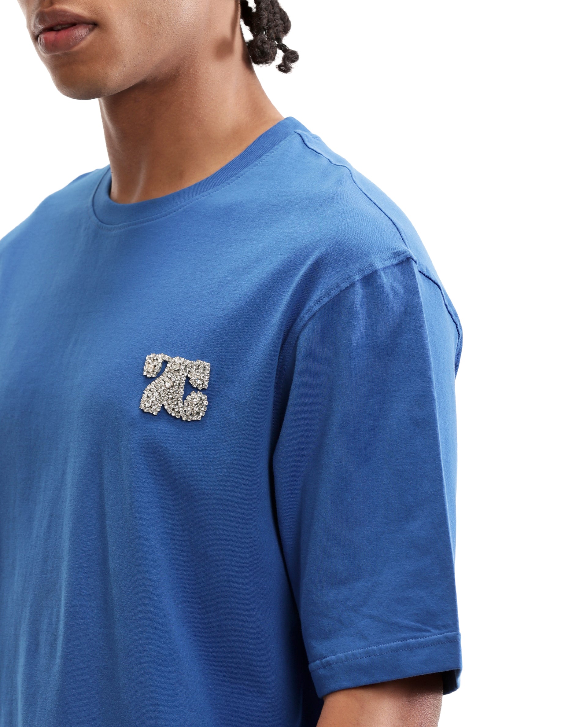 Imperial Prussian Blue Single Jersey Neck Oversized T-Shirt with Crystal Finish Rhinestones