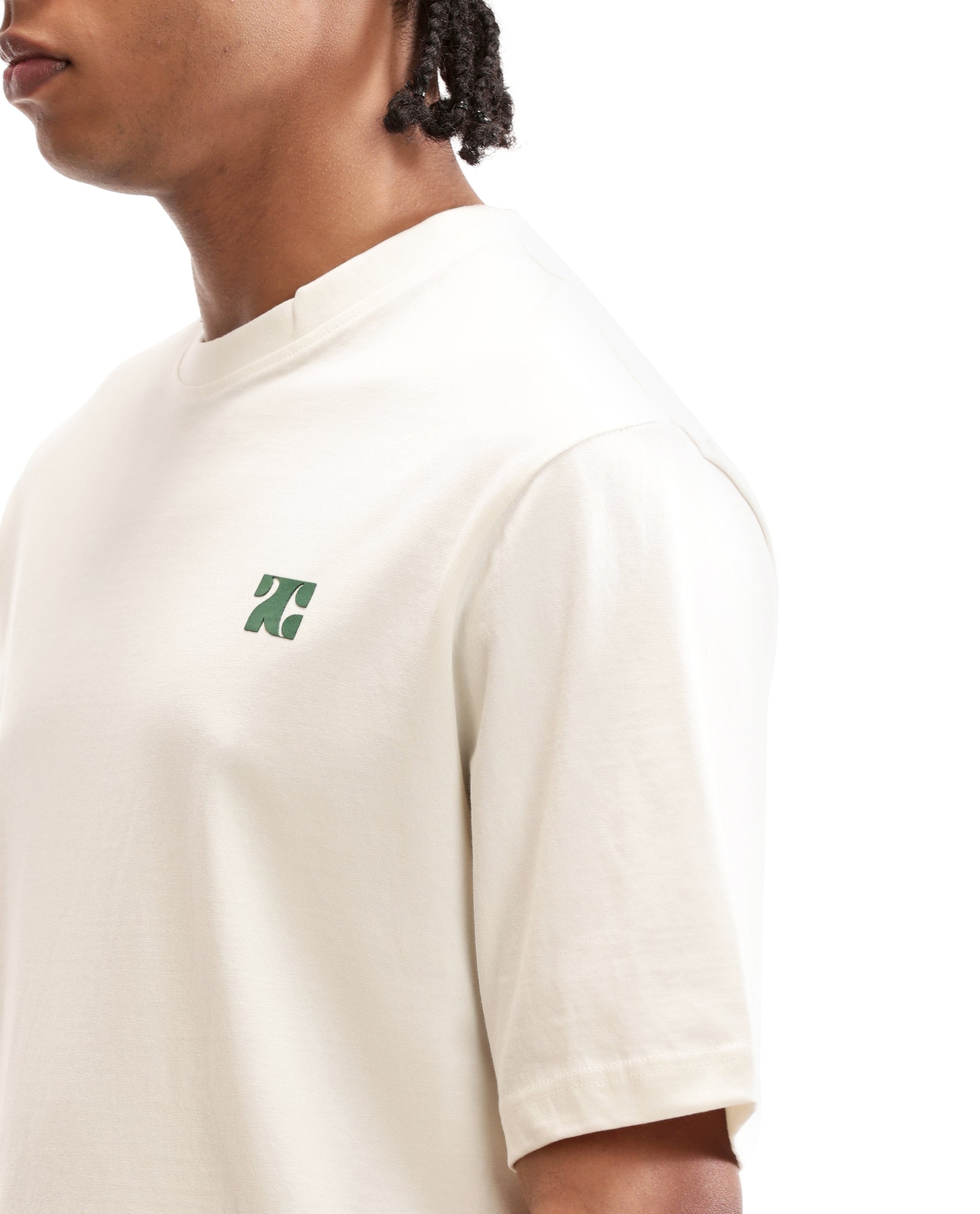 Ivory White Single Jersey Crew Neck Oversized T-Shirt with Deep Forest Green HD Print