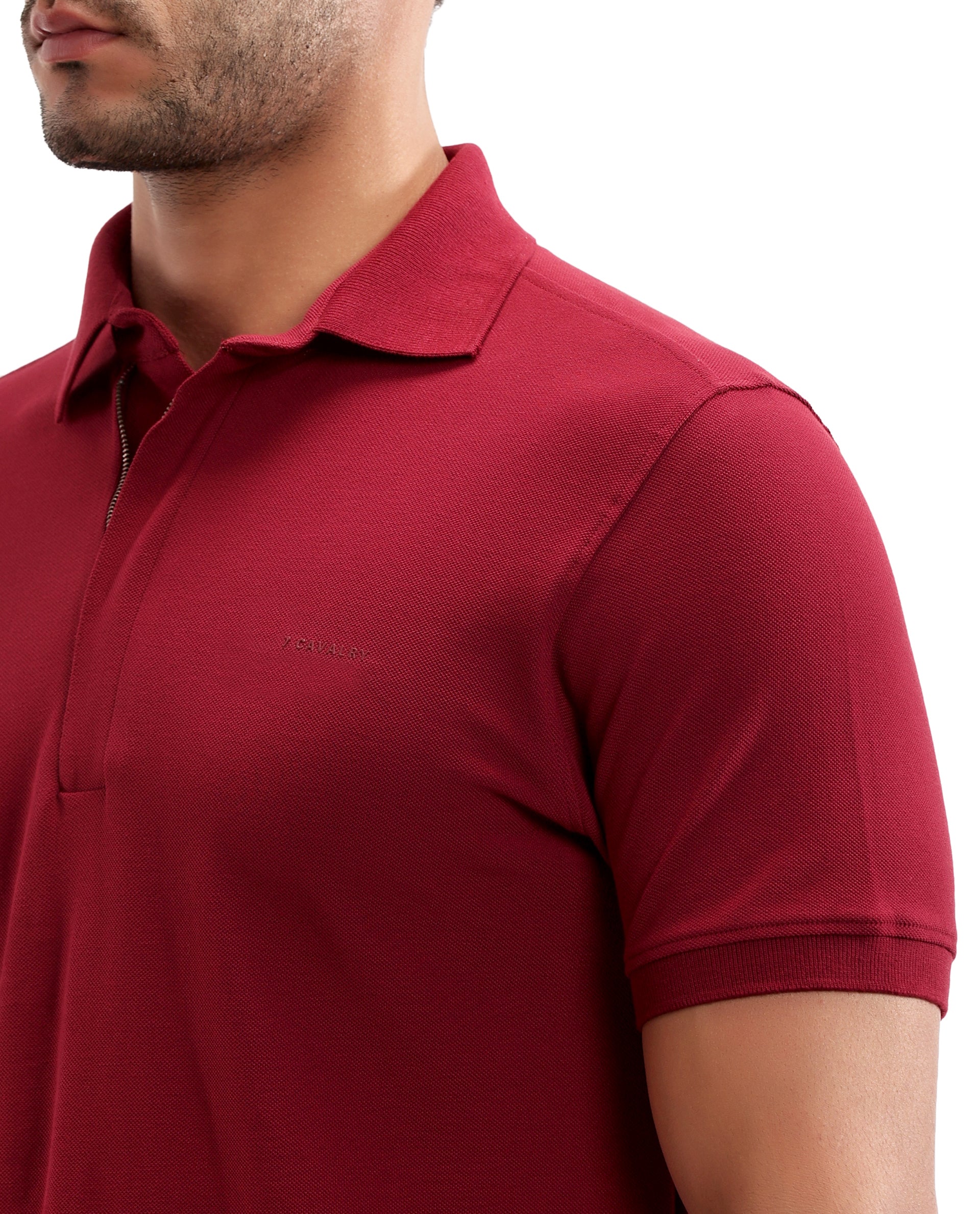 Bordeaux Maroon Pique Polo with Concealed 7C Metal Zip, HD Print