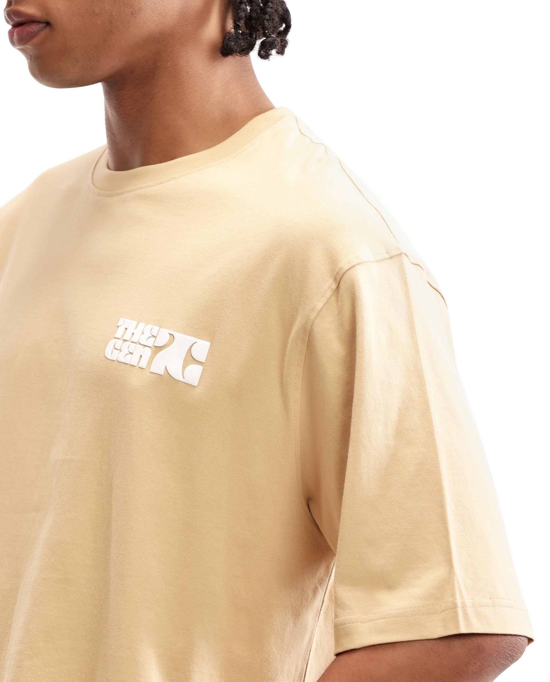 Camel Beige Single Jersey Crew Neck Oversized T-Shirt with 7C Premium HD Print